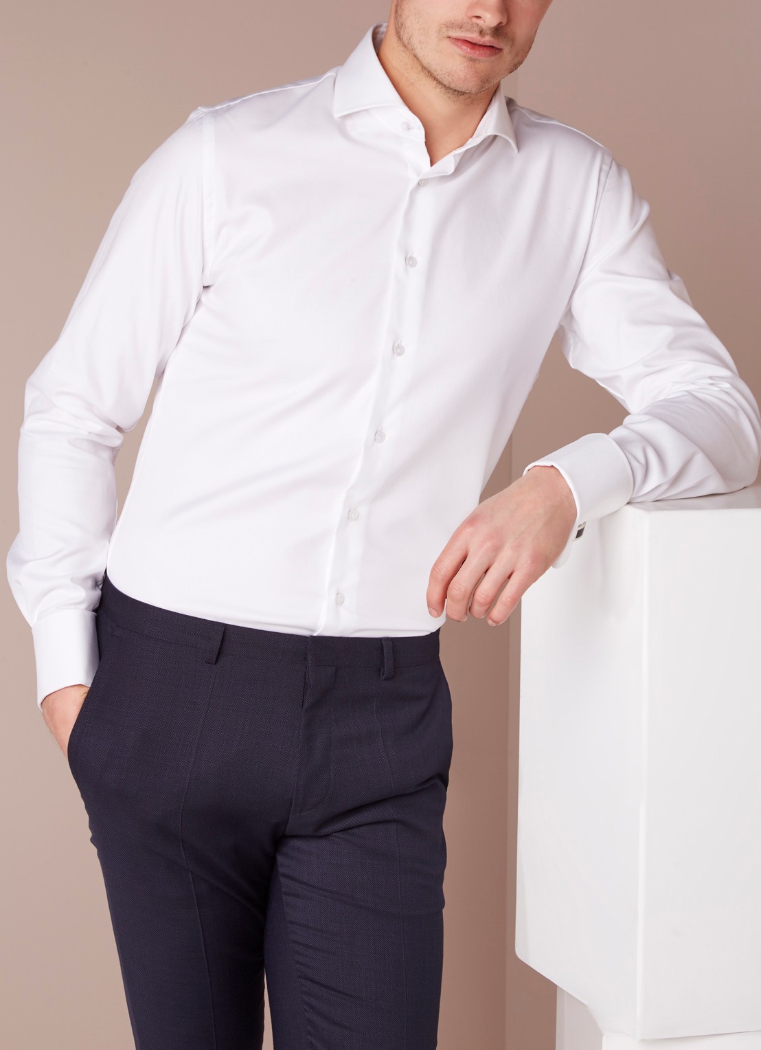 Profuomo Strijkvrij slim fit overhemd met dubbele manchet - detail wit