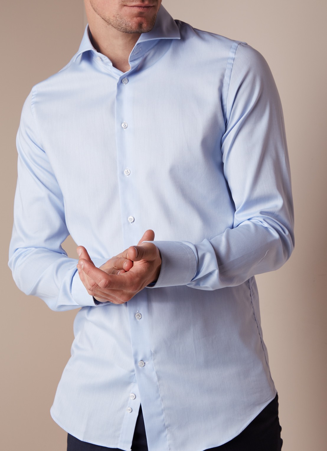 Profuomo Strijkvrij slim fit overhemd met extra lange mouw - detail 4 lichtblauw