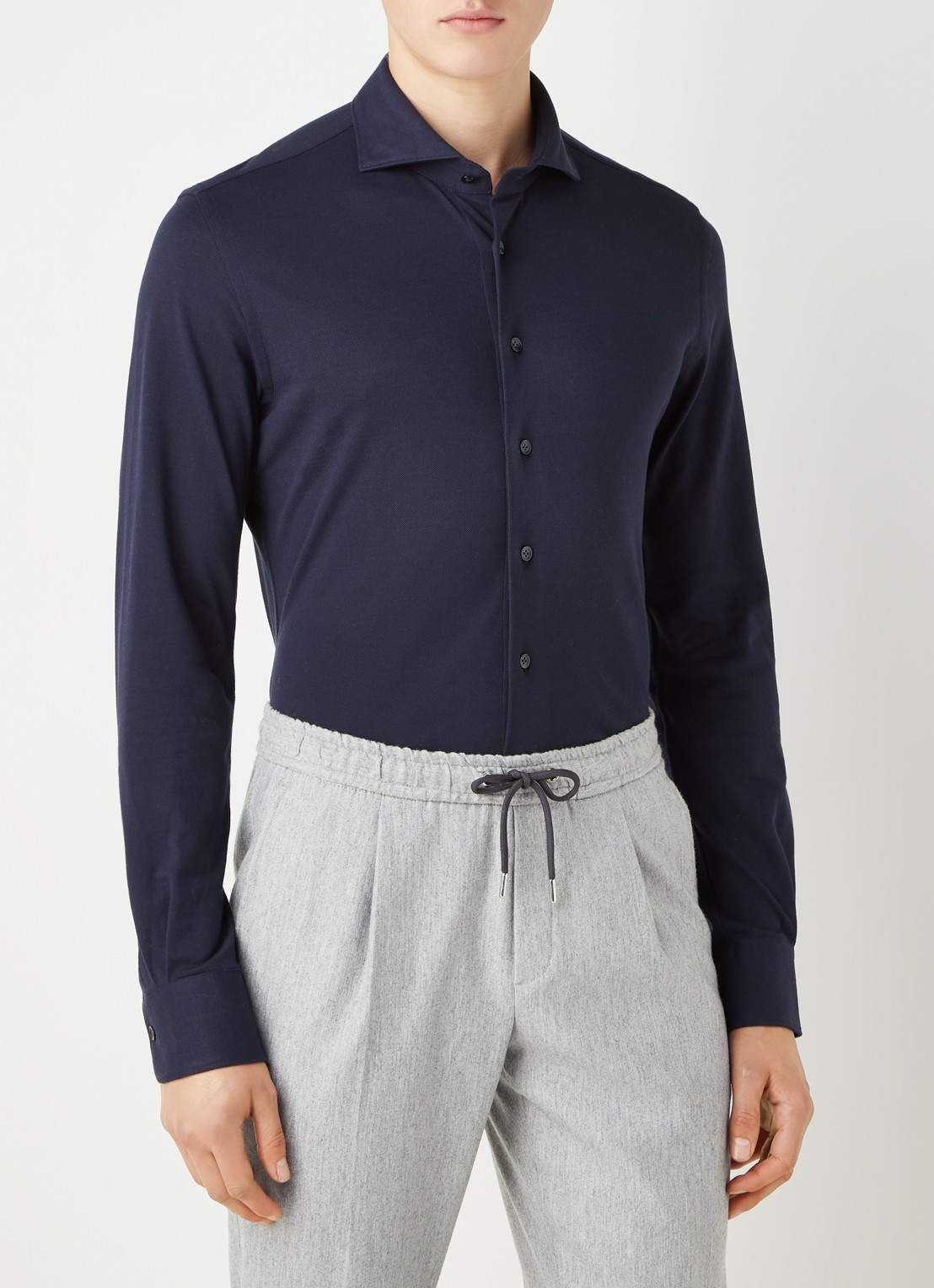 Profuomo The knitted shirt slim fit overhemd van piqué katoen - detail donkerblauw