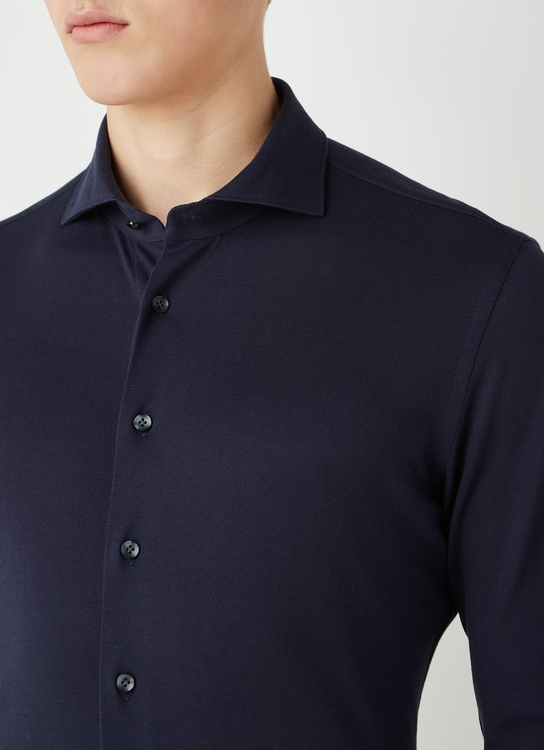 Profuomo The knitted shirt slim fit overhemd van piqué katoen - detail 2 donkerblauw