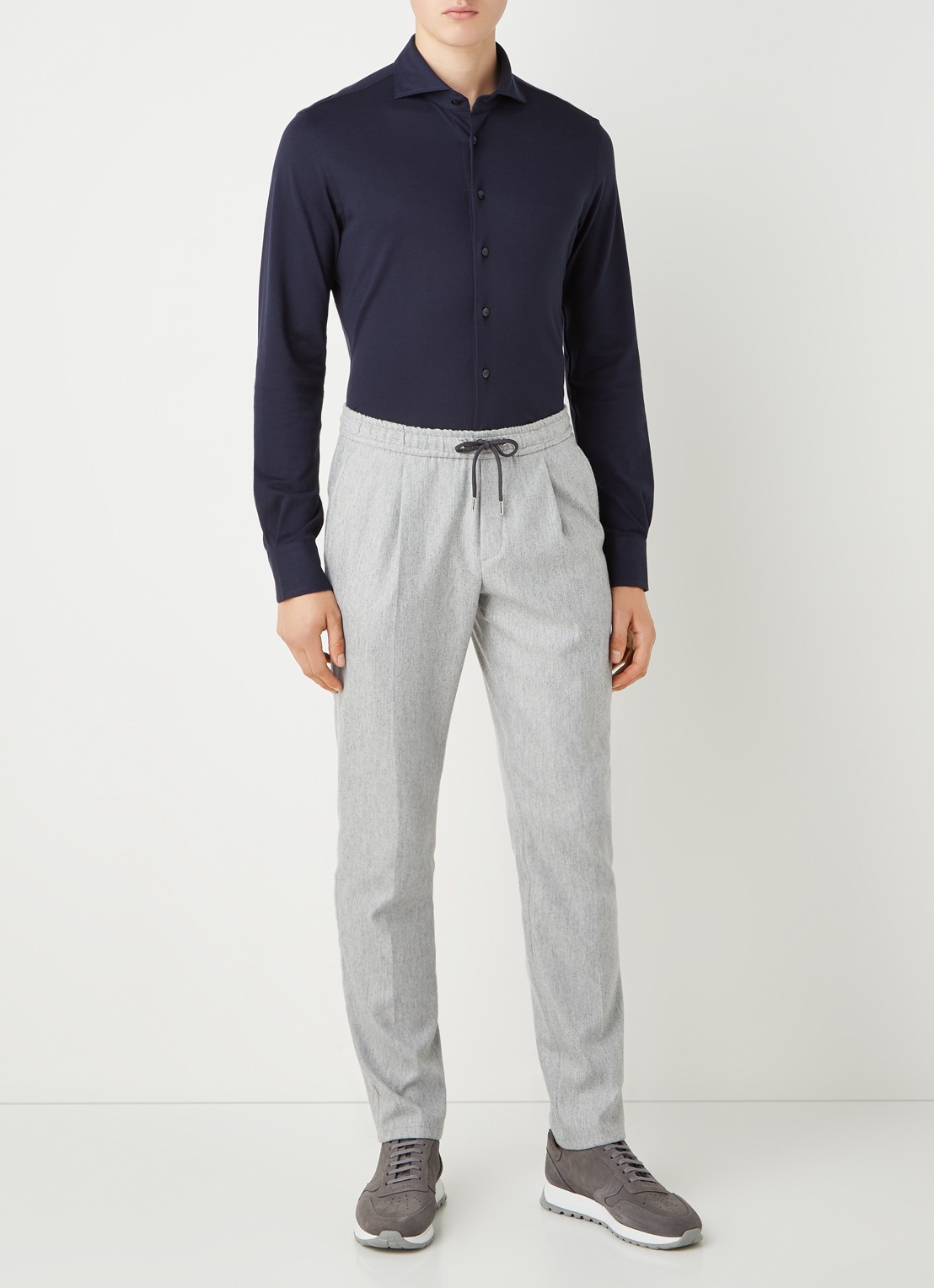 Profuomo The knitted shirt slim fit overhemd van piqué katoen - voorkant 5 donkerblauw