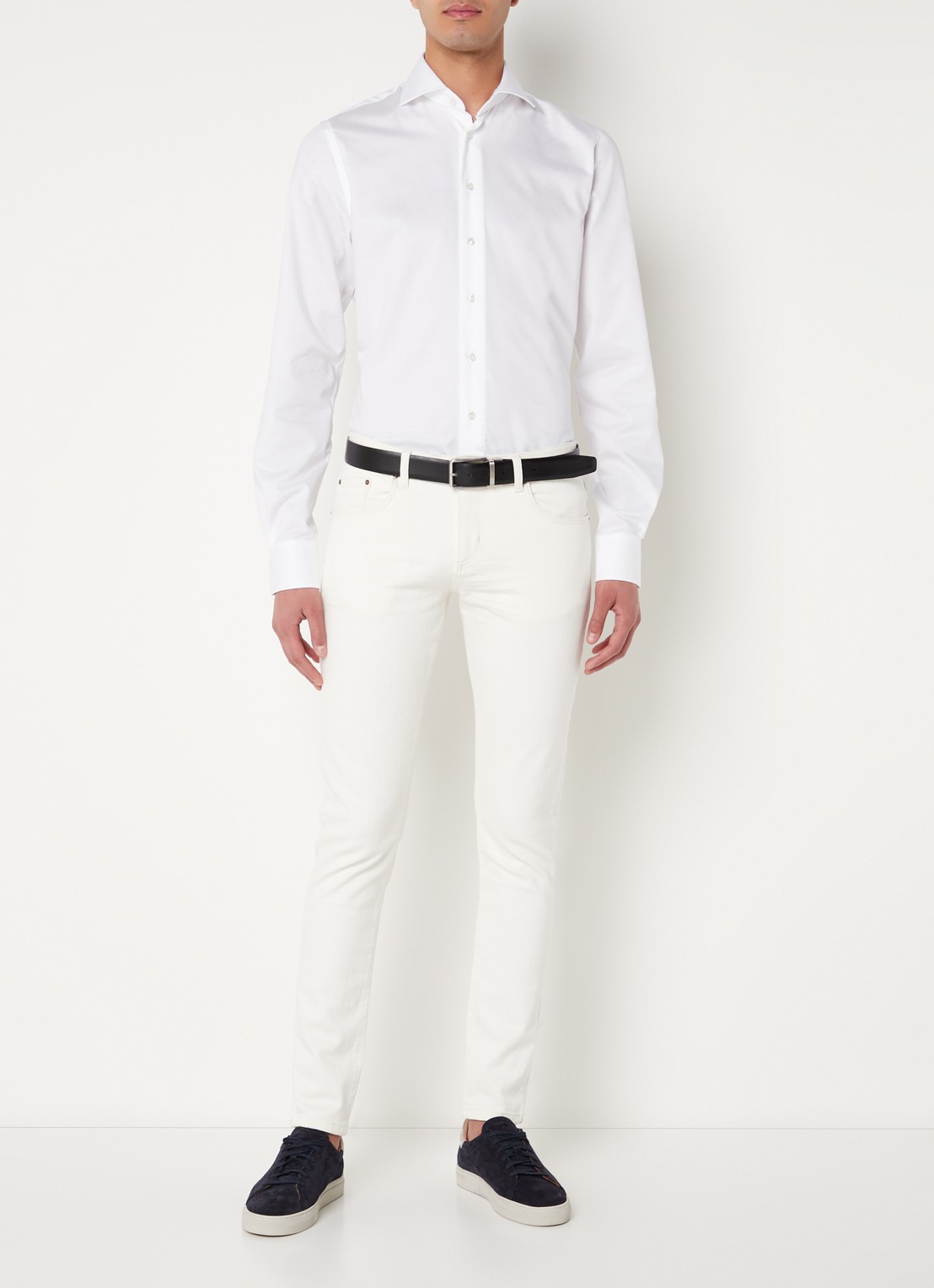 Profuomo Wit strijkvrij slim fit overhemd met extra lange mouw - voorkant 2 wit