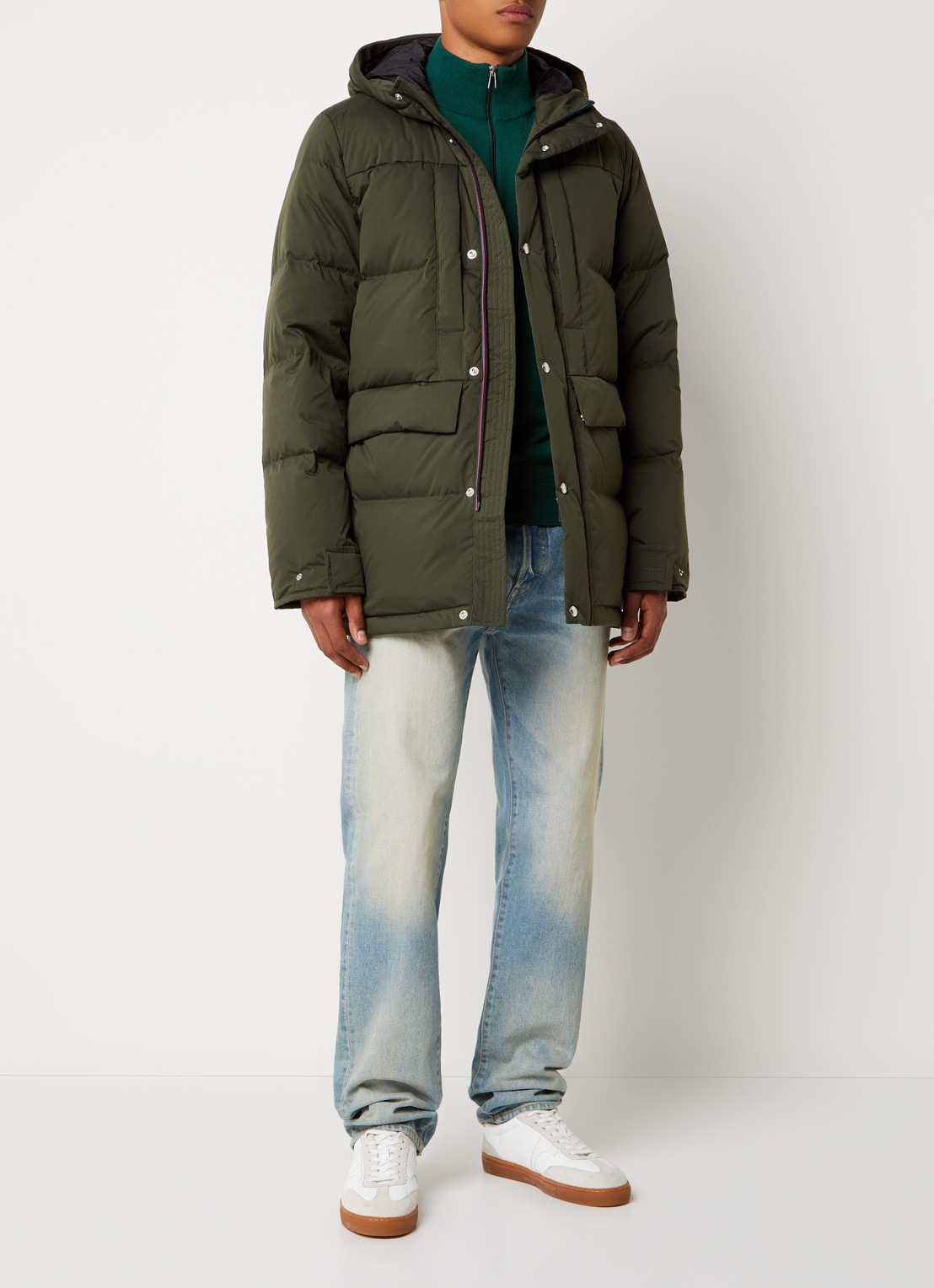 PS Paul Smith Puffer jack met donsvulling en steekzakken - voorkant 3 legergroen
