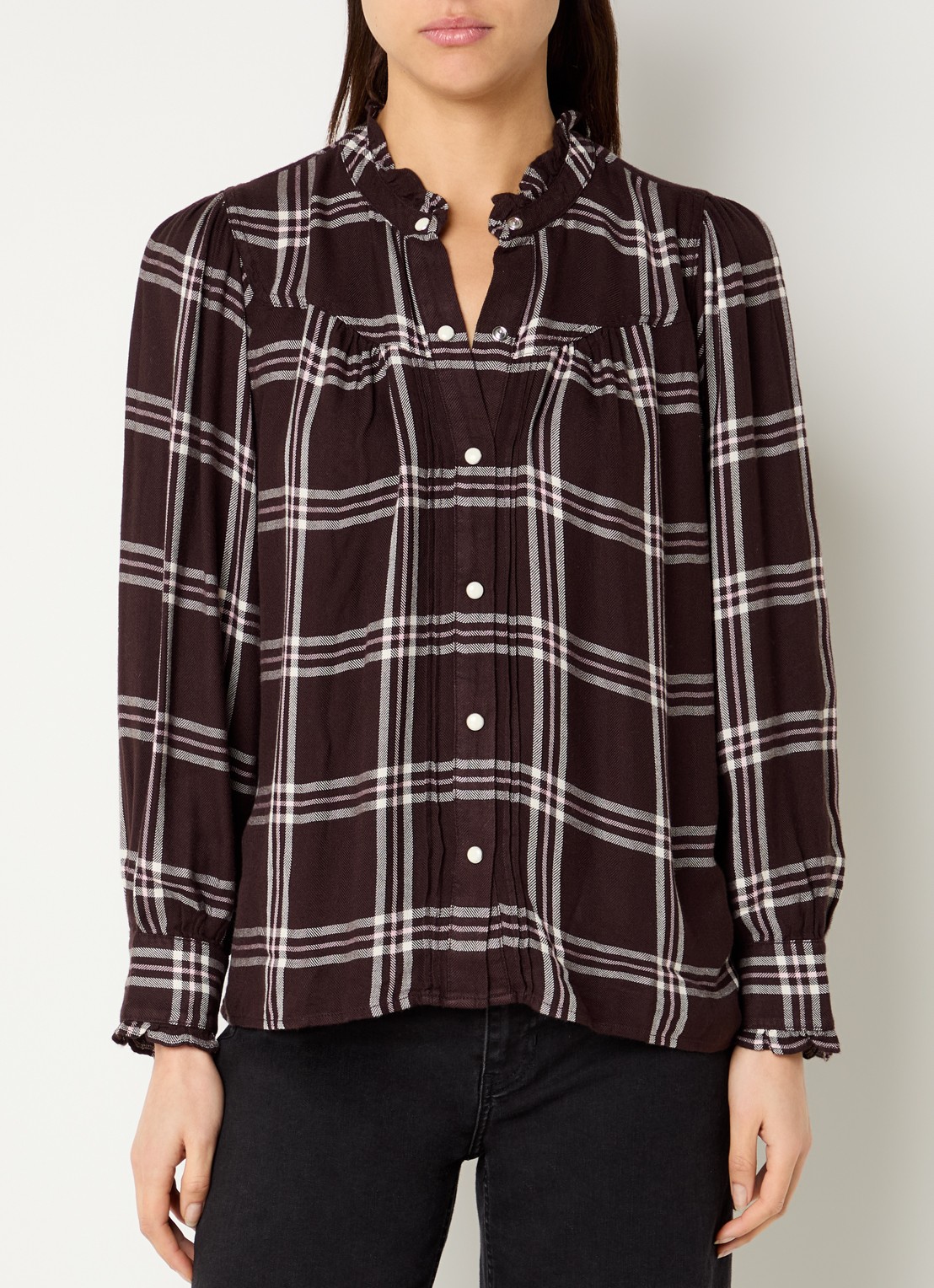 Rails Alanna blouse met ruitdessin  - detail chocoladebruin