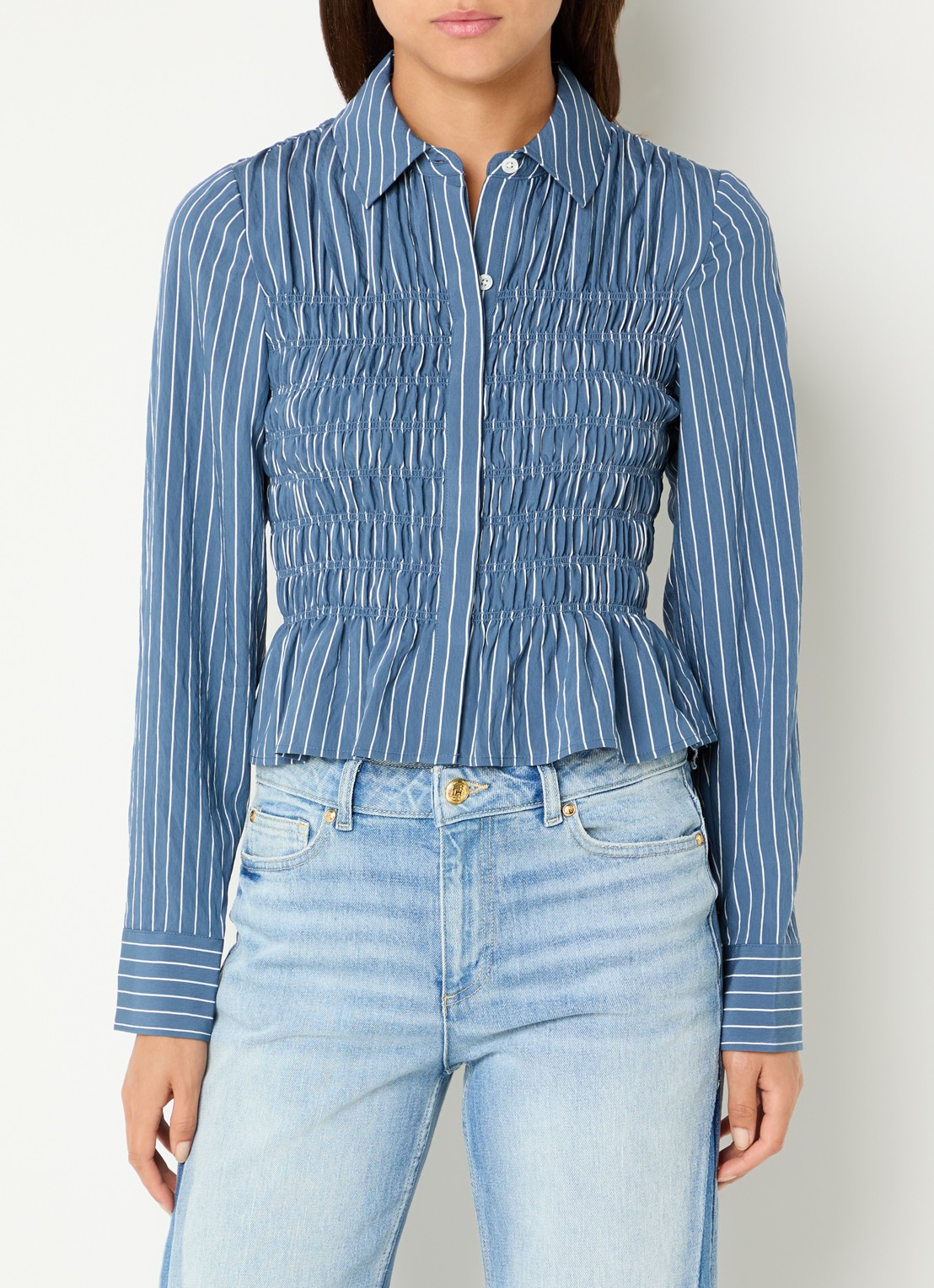 Rails Bradshaw blouse met smockwerk en streepprint - detail 2 blauw