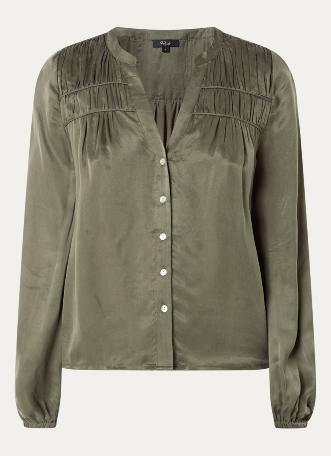 Rails Cadence blouse met glanzende finish en ballonmouw - voorkant 3 olijfgroen