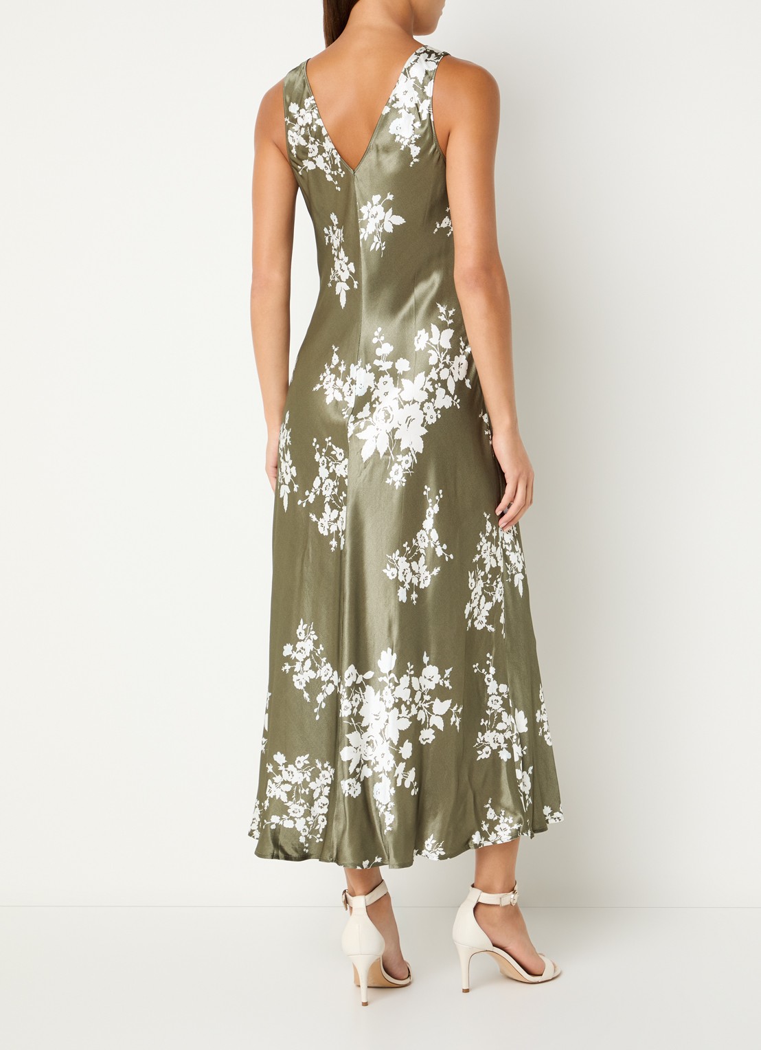 Rails Camelia maxi jurk van satijn met print - achterkant 2 mosgroen