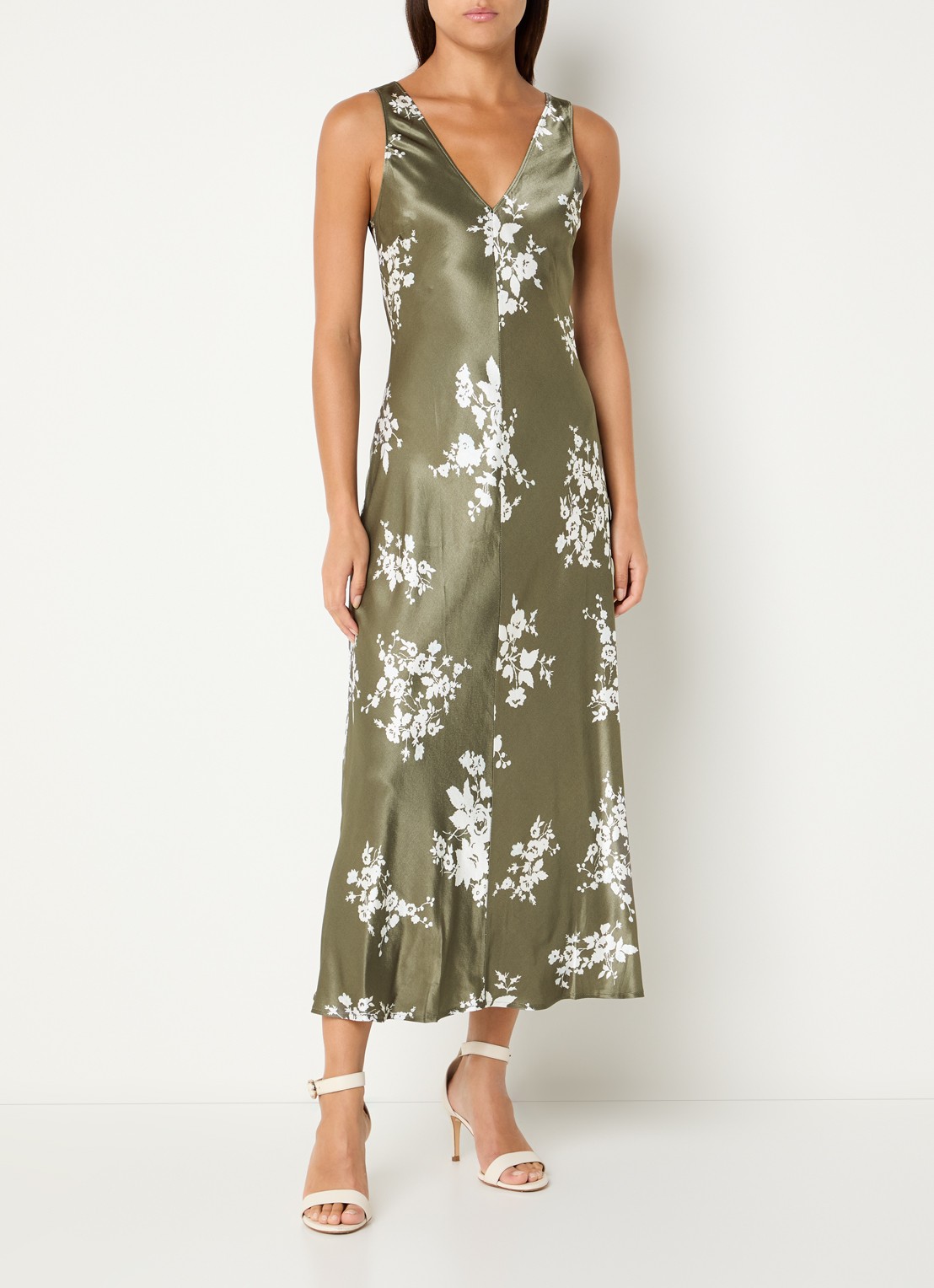 Rails Camelia maxi jurk van satijn met print - detail mosgroen