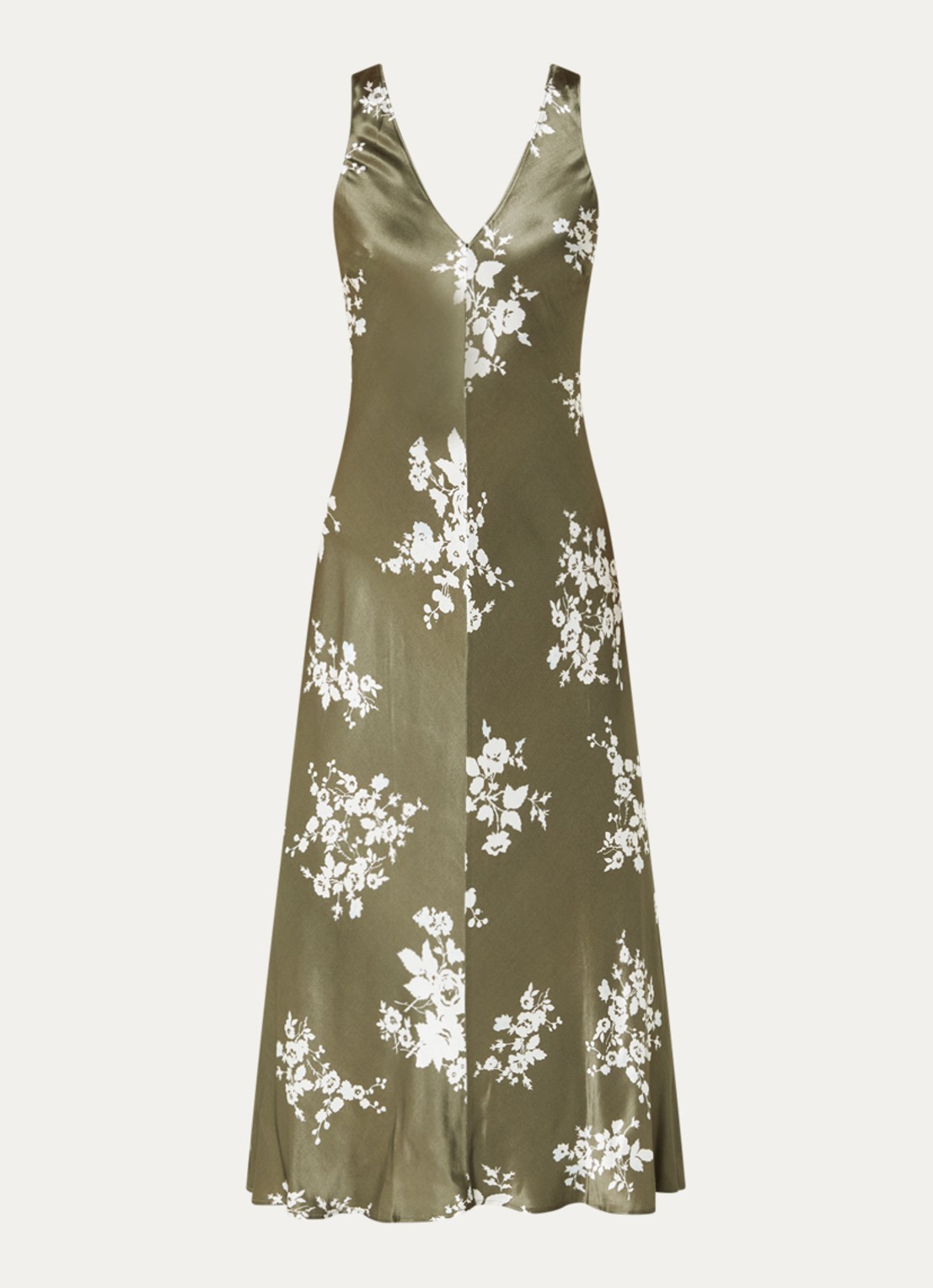 Rails Camelia maxi jurk van satijn met print - voorkant 3 mosgroen