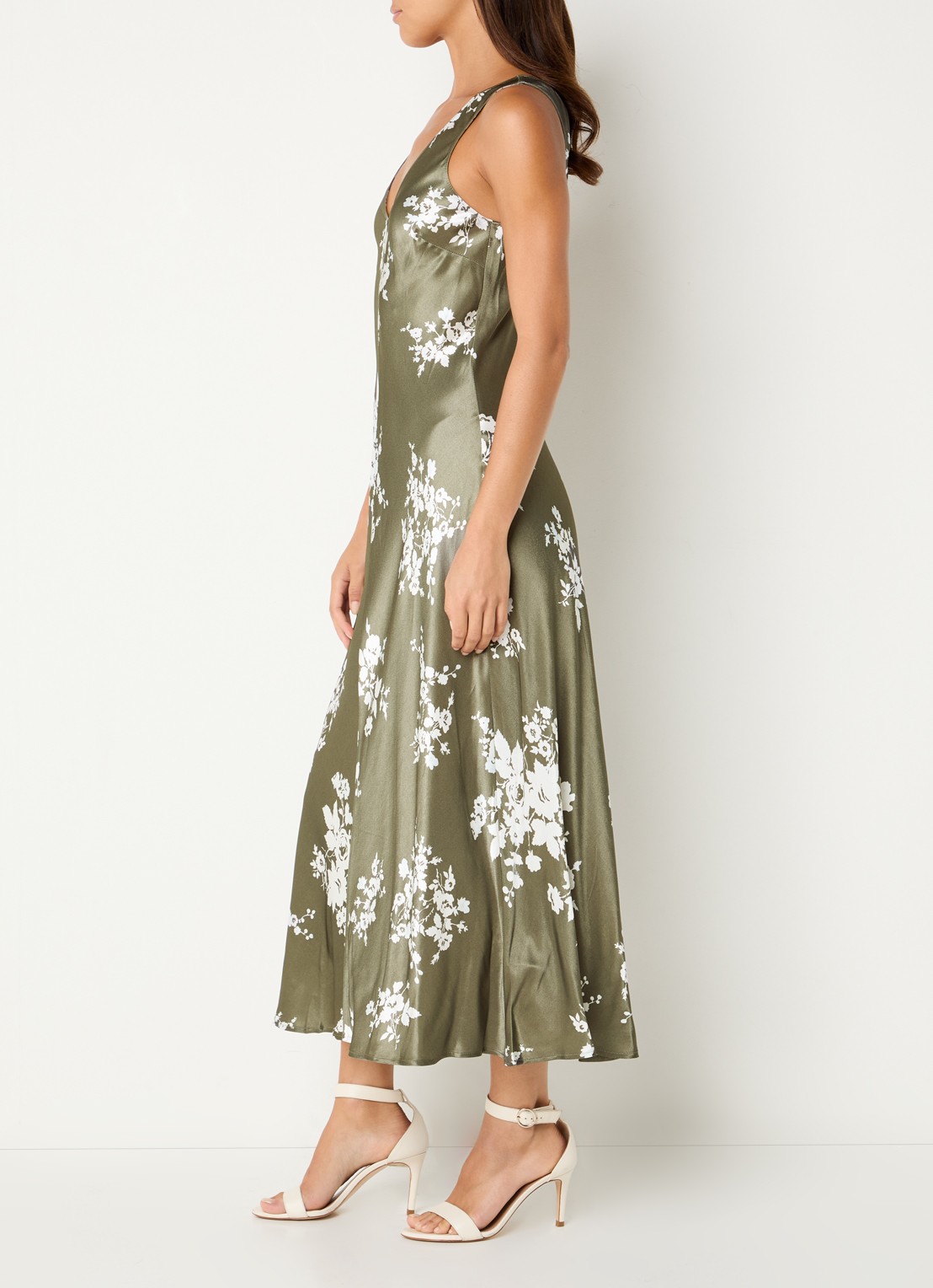 Rails Camelia maxi jurk van satijn met print - voorkant 4 mosgroen