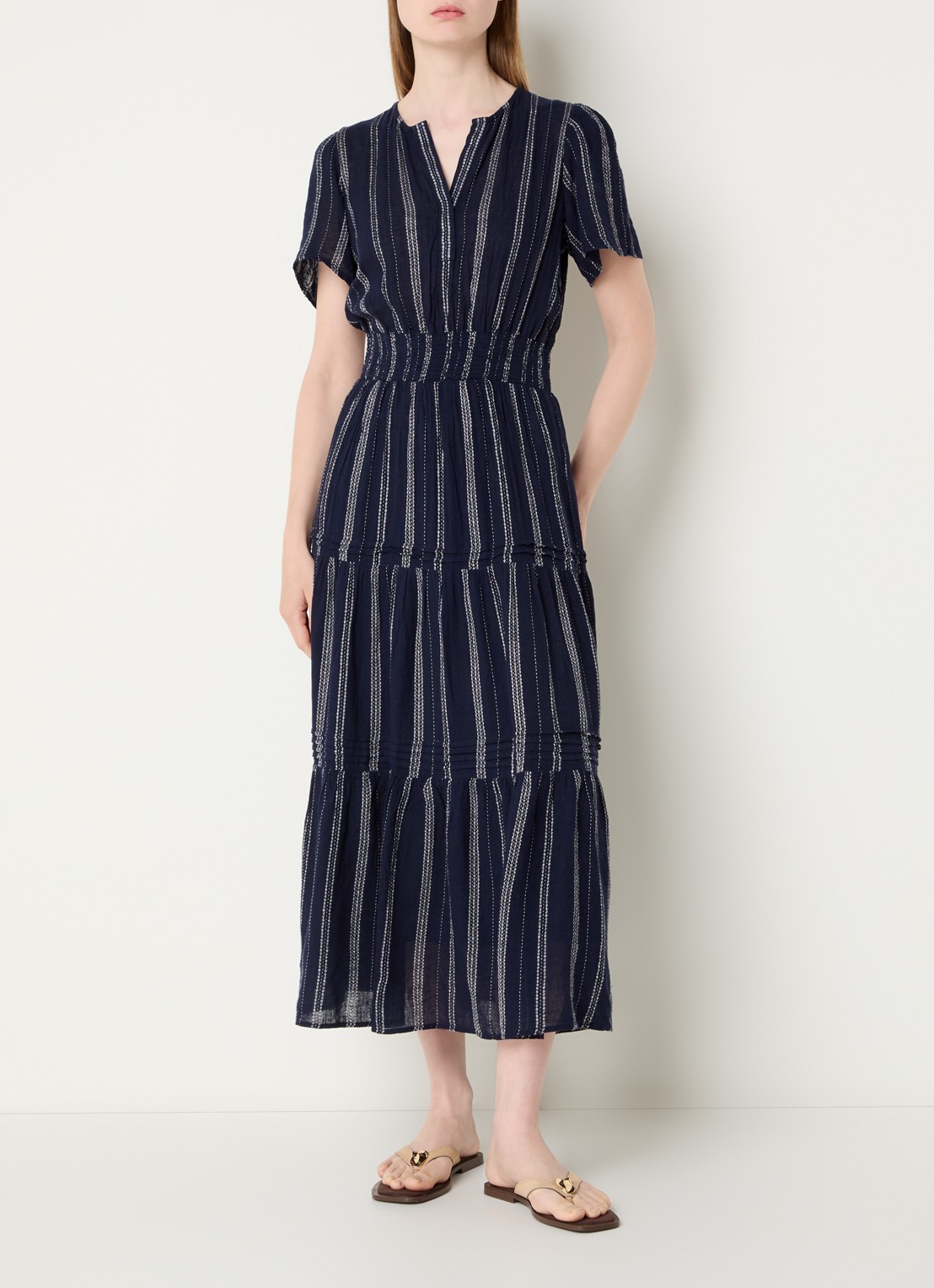 Rails Cannes maxi jurk in linnenblend met streepprint - detail donkerblauw
