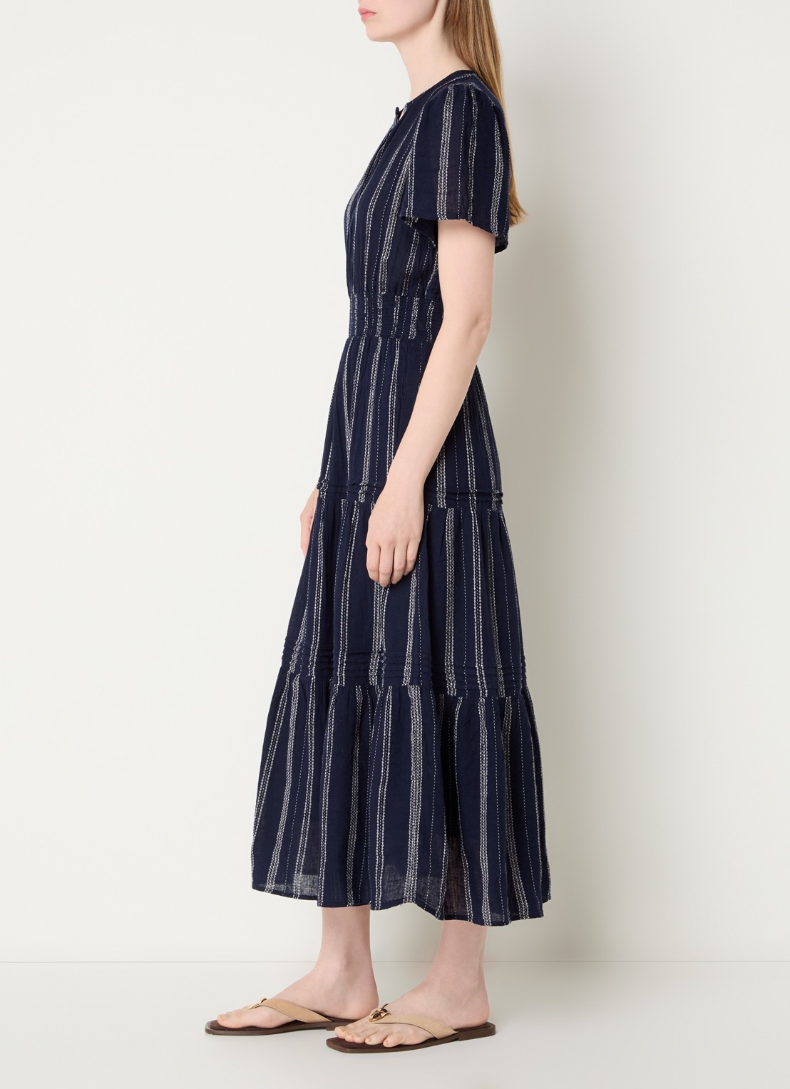 Rails Cannes maxi jurk in linnenblend met streepprint - voorkant 3 donkerblauw