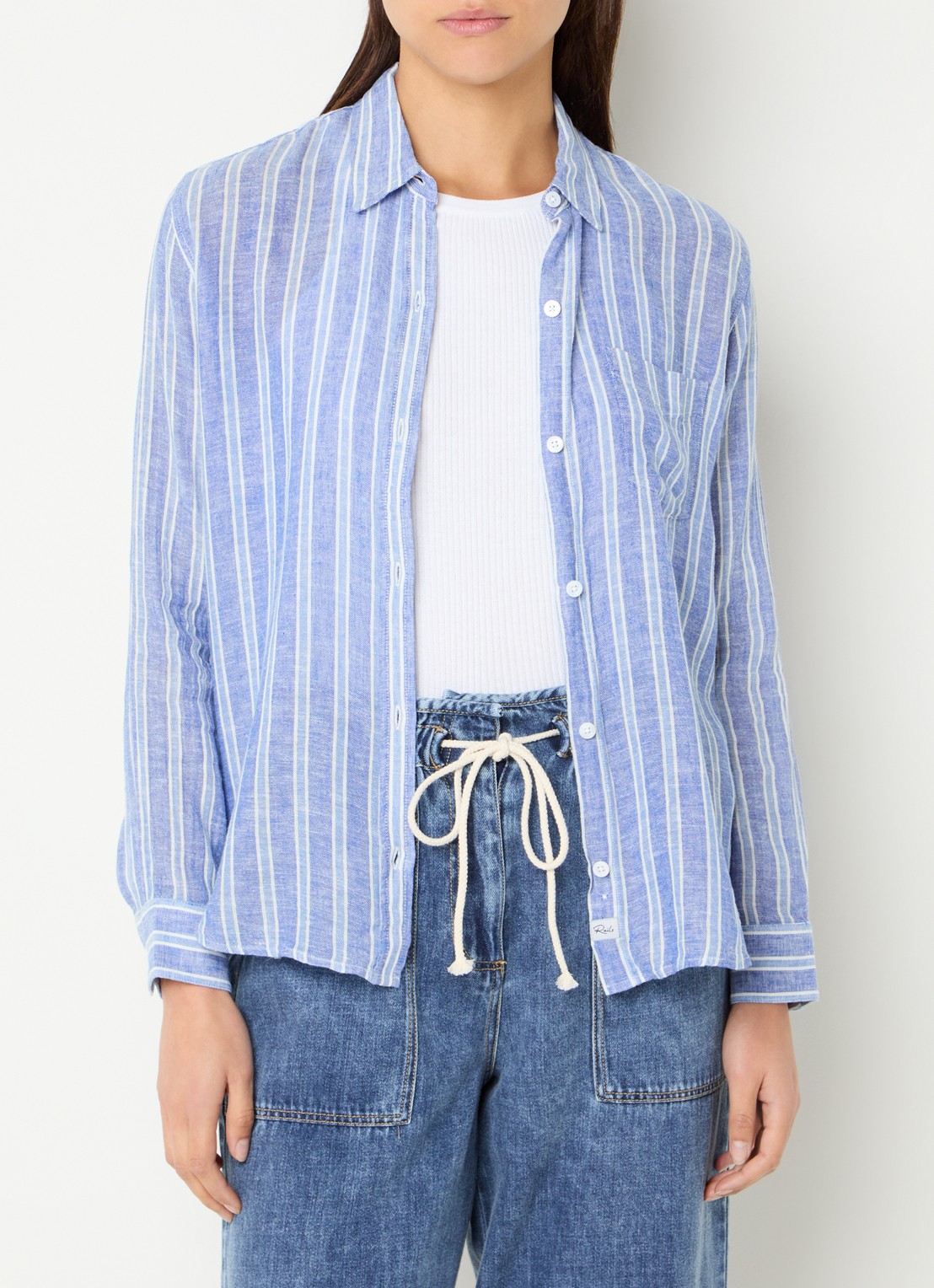 Rails Charli blouse in linnenblend met streepprint - detail blauw