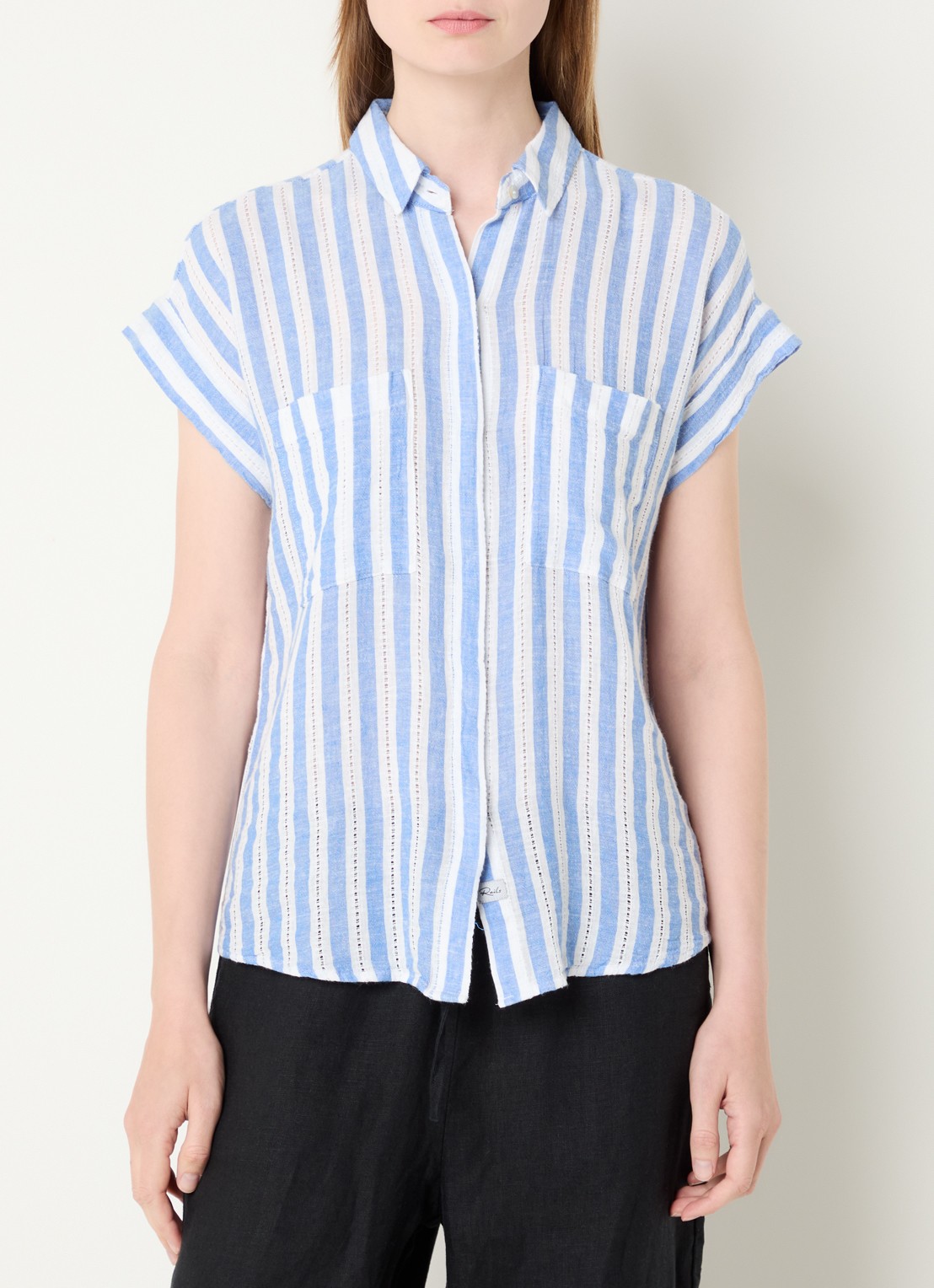Rails Cito blouse in linnenblend met streepprint - detail 3 blauwgrijs