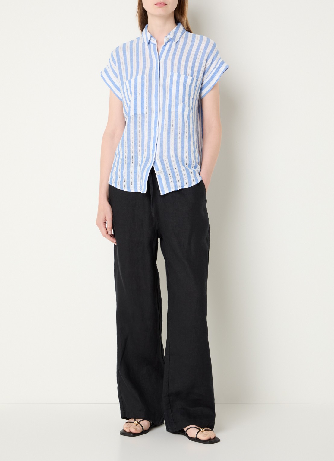 Rails Cito blouse in linnenblend met streepprint - voorkant 2 blauwgrijs