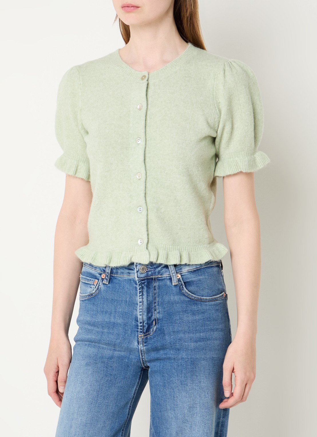 Rails Grofgebreid vest in wolblend met ronde hals - detail lichtgroen