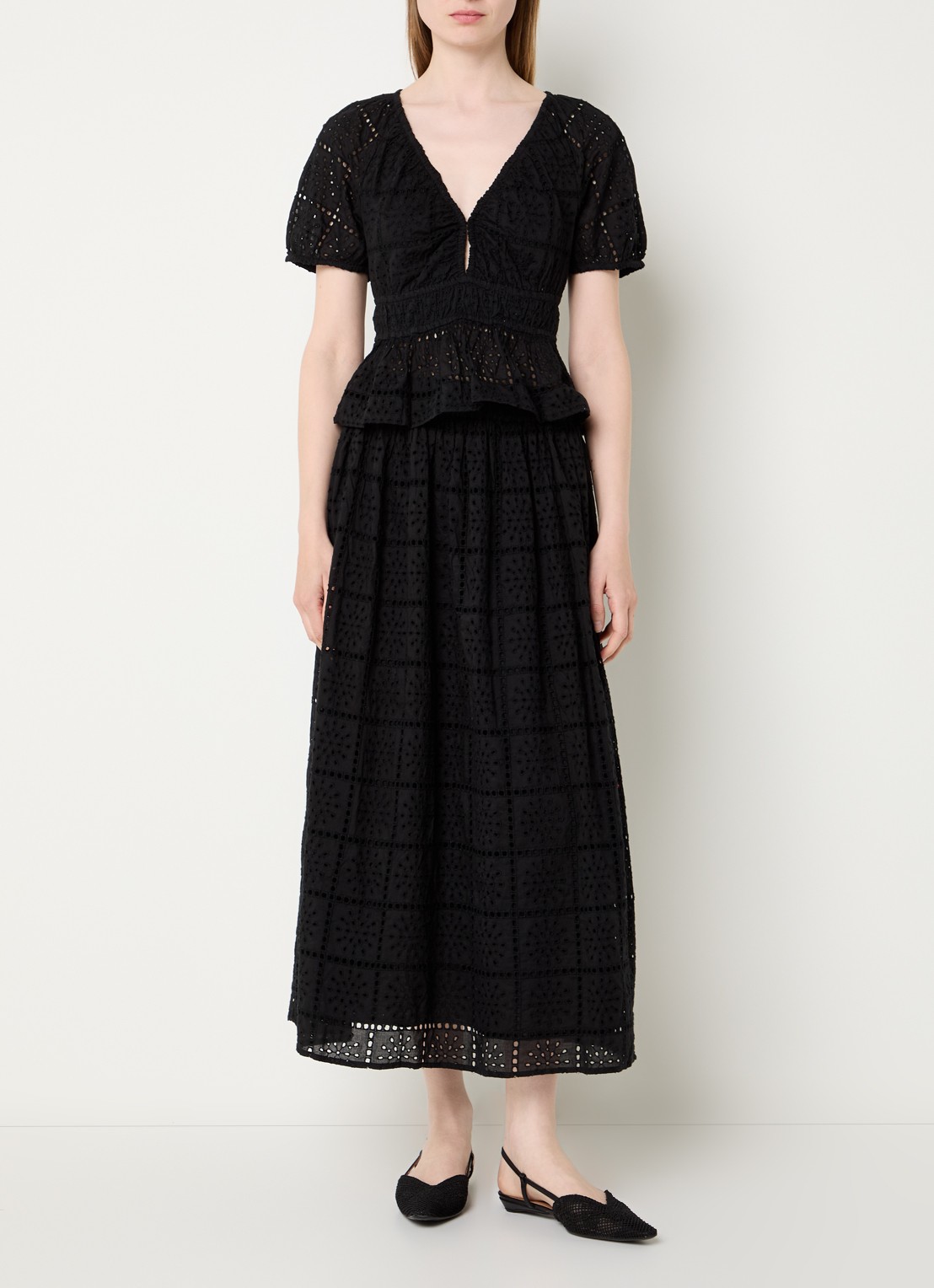 Rails High waist midi rok met broderie - voorkant 2 zwart