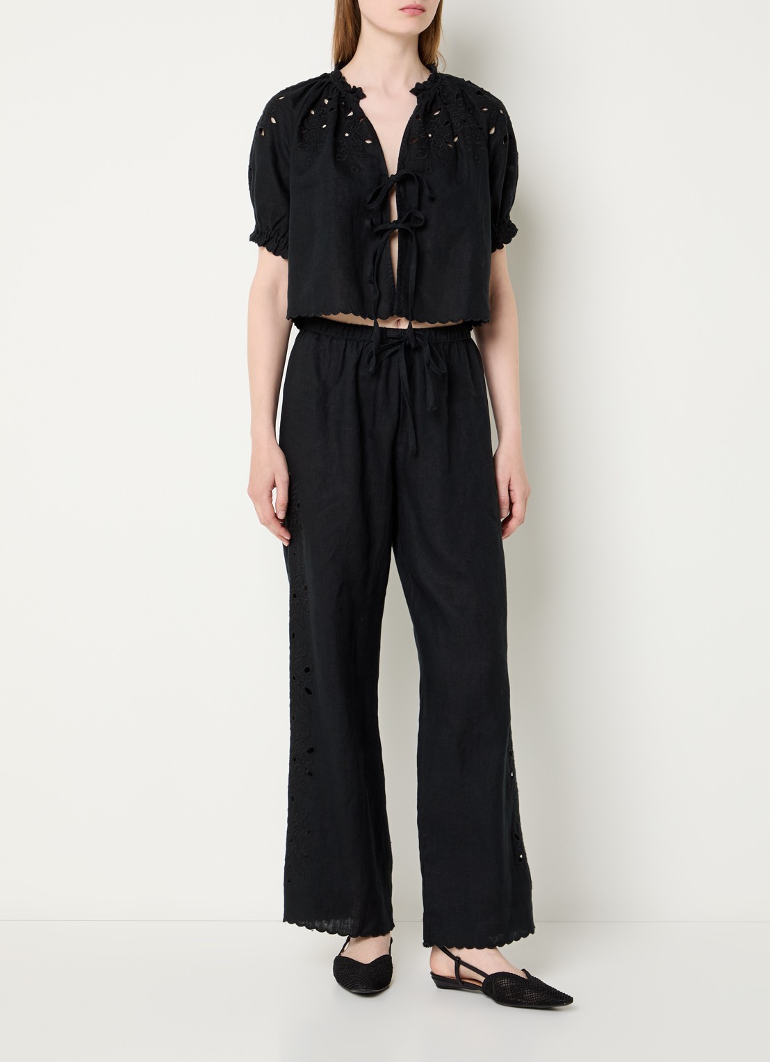Rails High waist wide fit pantalon van linnen - voorkant 4 zwart