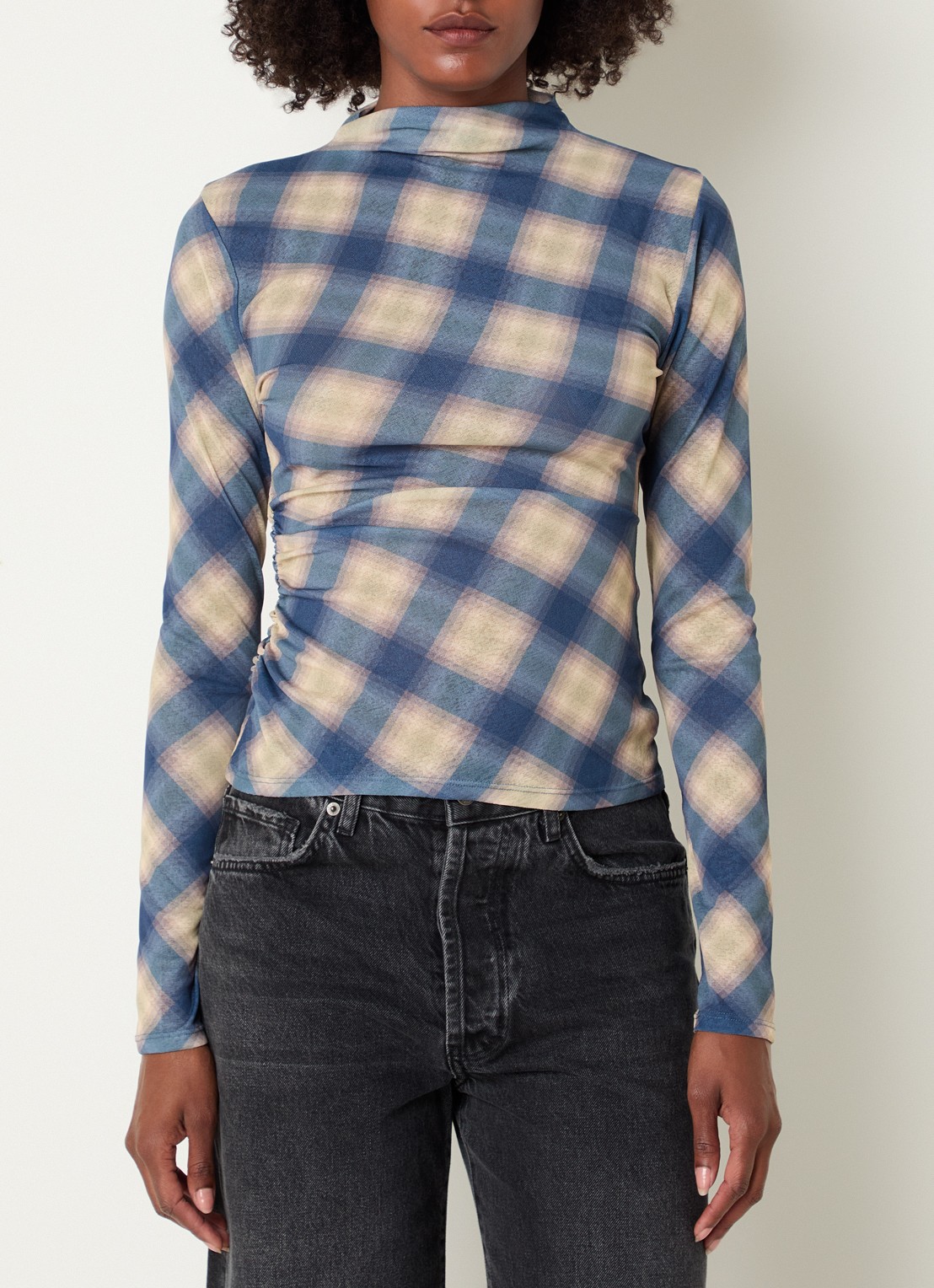 Rails Joelle semi-transparante top met ruitdessin - detail blauwgrijs