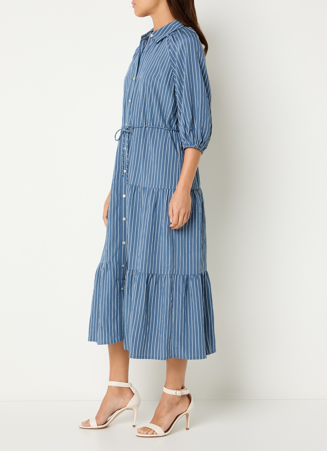Rails June maxi A-lijn blousejurk met streepprint en strikceintuur - voorkant 4 blauwgrijs