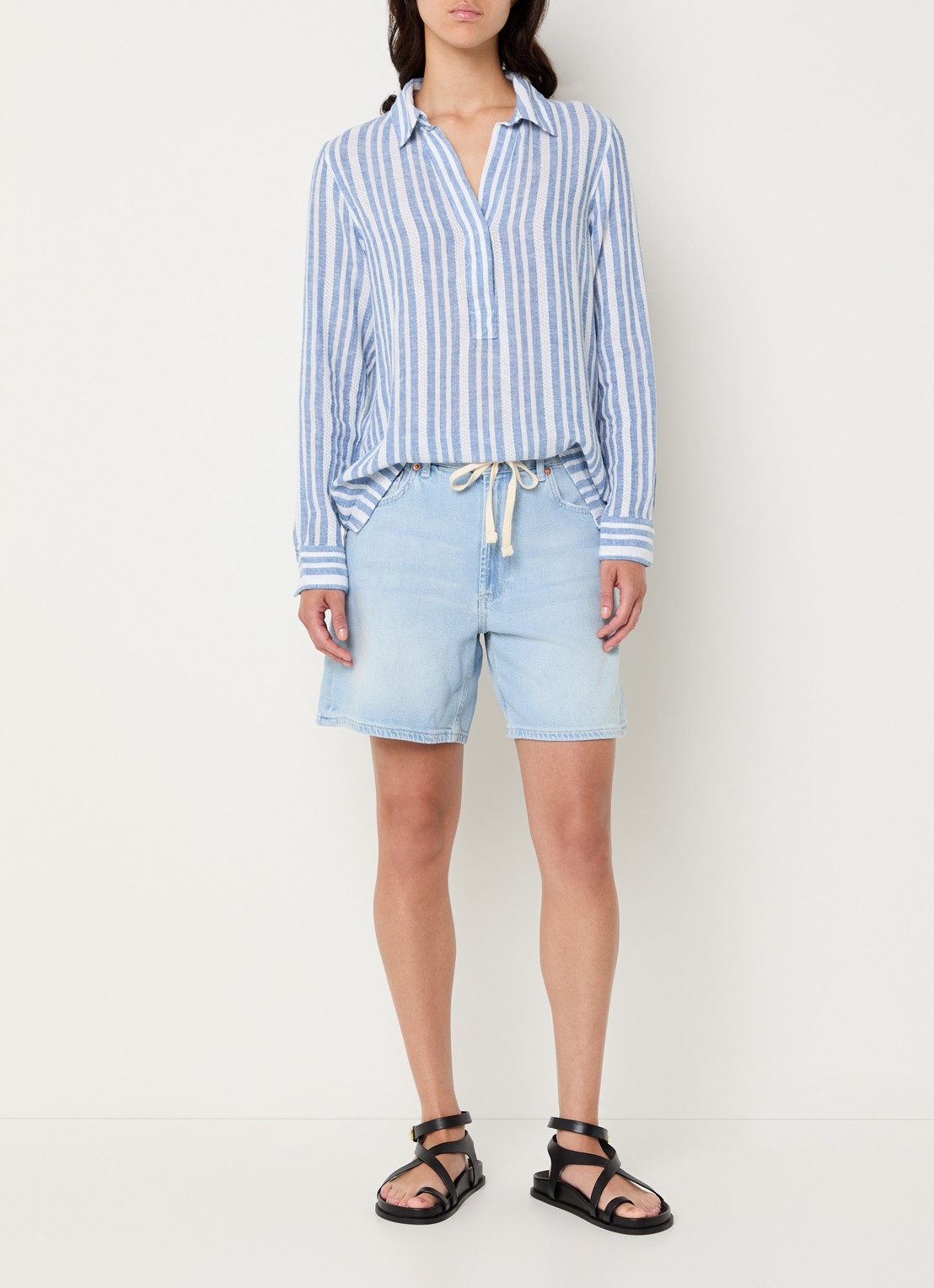 Rails Lagoon tuniek in linnenblend met streepprint - voorkant 3 blauwgrijs