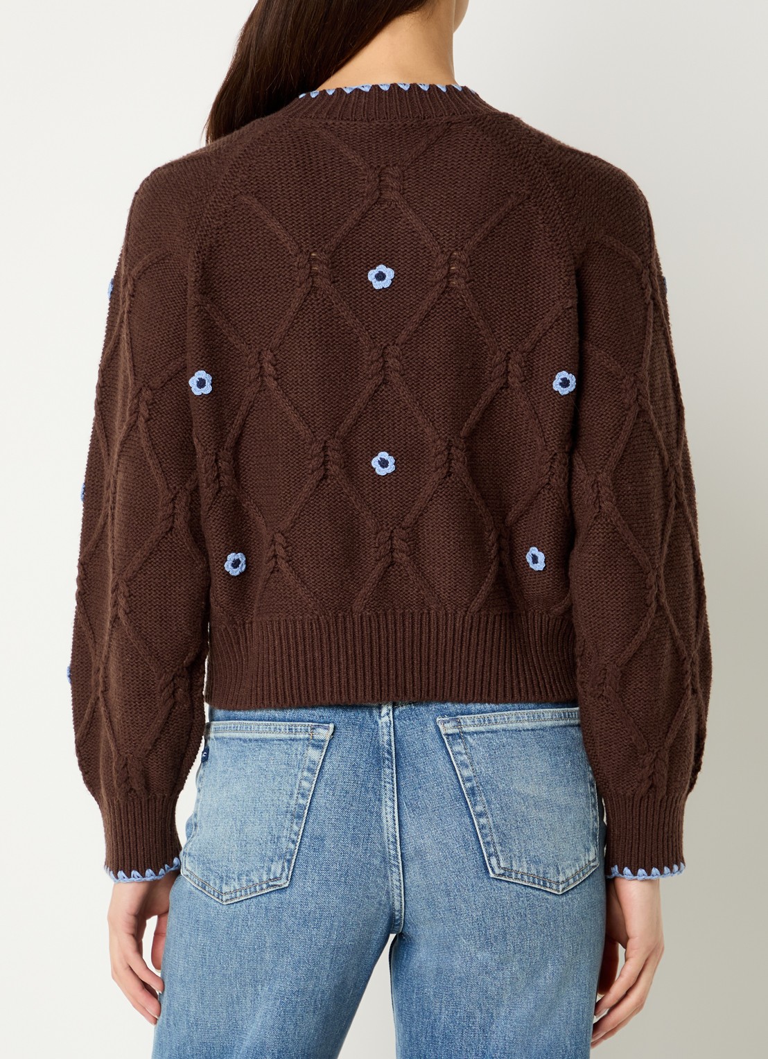 Rails Laurie kabelgebreid vest met bloemenprint - achterkant 4 chocoladebruin