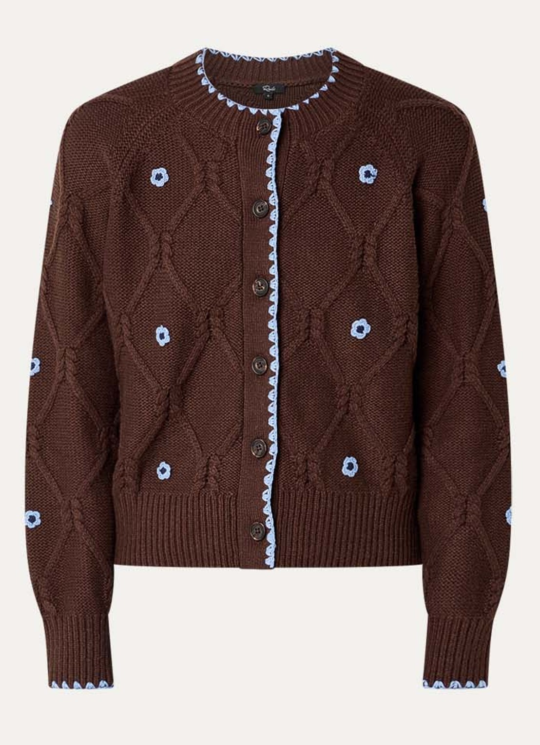 Rails Laurie kabelgebreid vest met bloemenprint - voorkant chocoladebruin