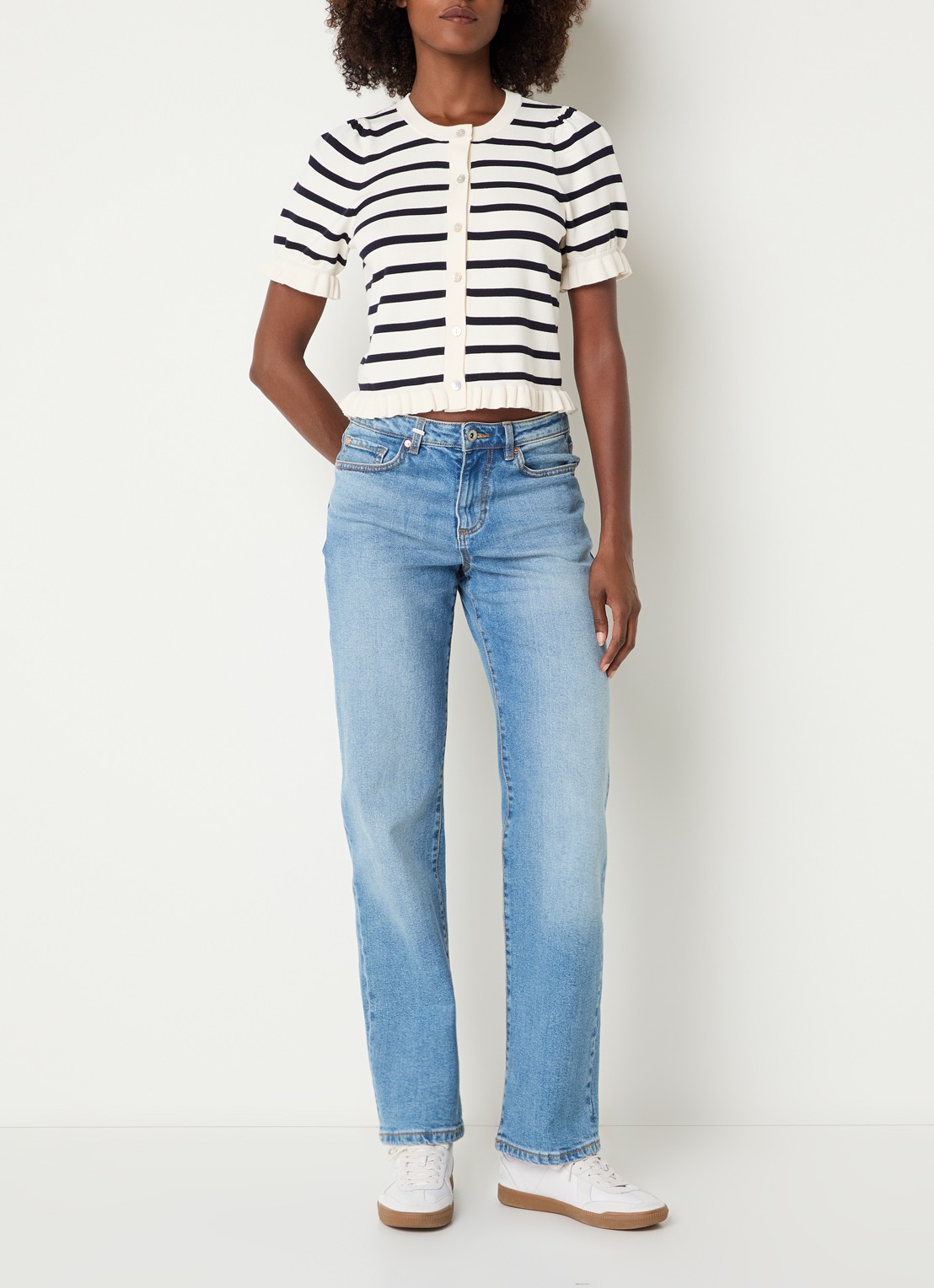 Rails Lora fijngebreid vest met streepprint en peplum - voorkant 4 gebroken wit