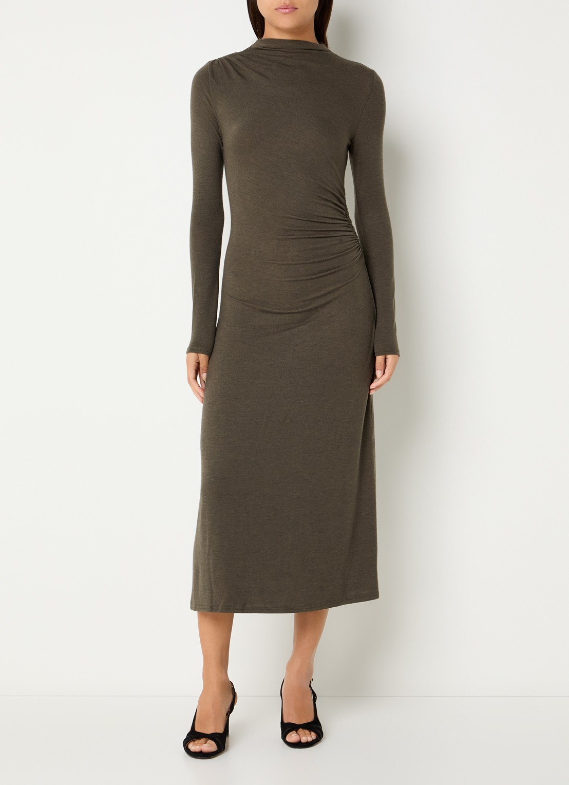 Rails Margaret fijngebreide maxi jurk met plooidetail - detail olijfgroen