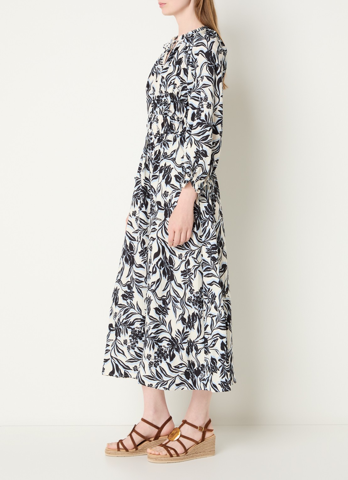 Rails Matia maxi jurk met ballonmouw en print - voorkant 3 gebroken wit