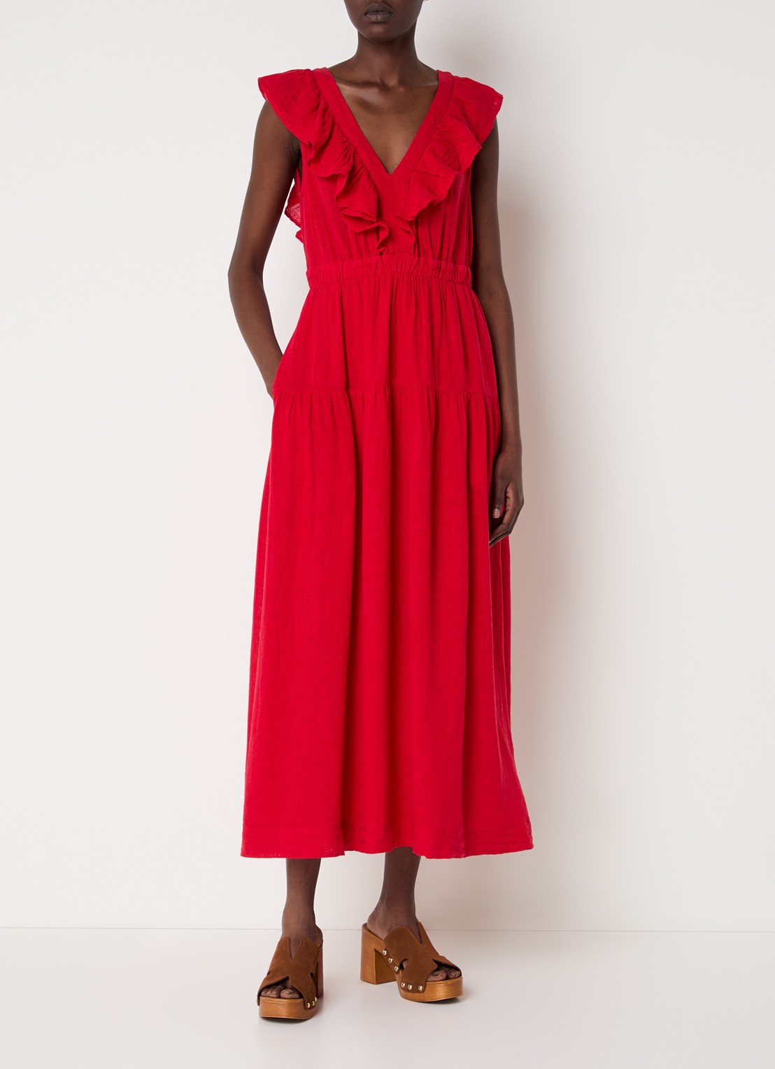 Rails Maxi jurk in linnenblend met ruches - detail 3 rood