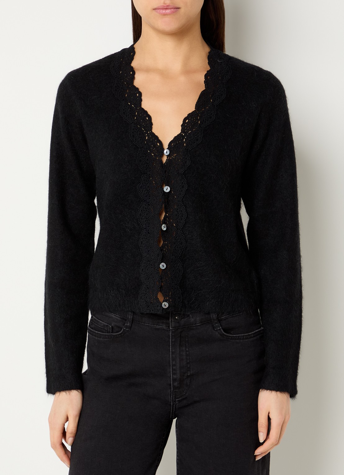 Rails Mer fijngebreid vest in alpaca wolblend met kant  - detail zwart