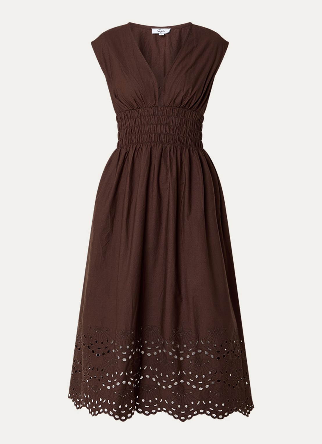 Rails Midi jurk met broderie en V-hals - voorkant donkerbruin