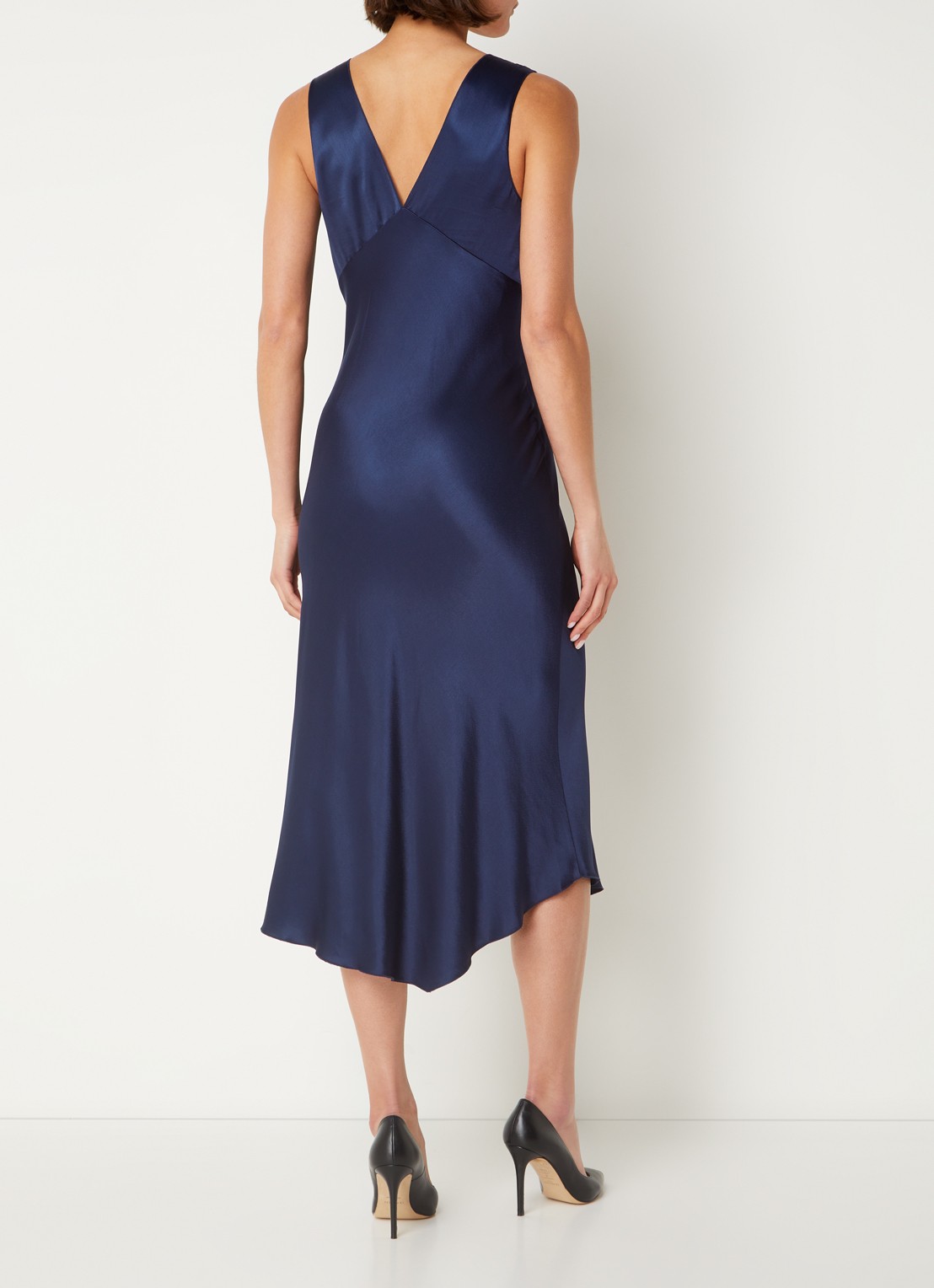 Rails Monique midi jurk van satijn met split - achterkant 5 donkerblauw