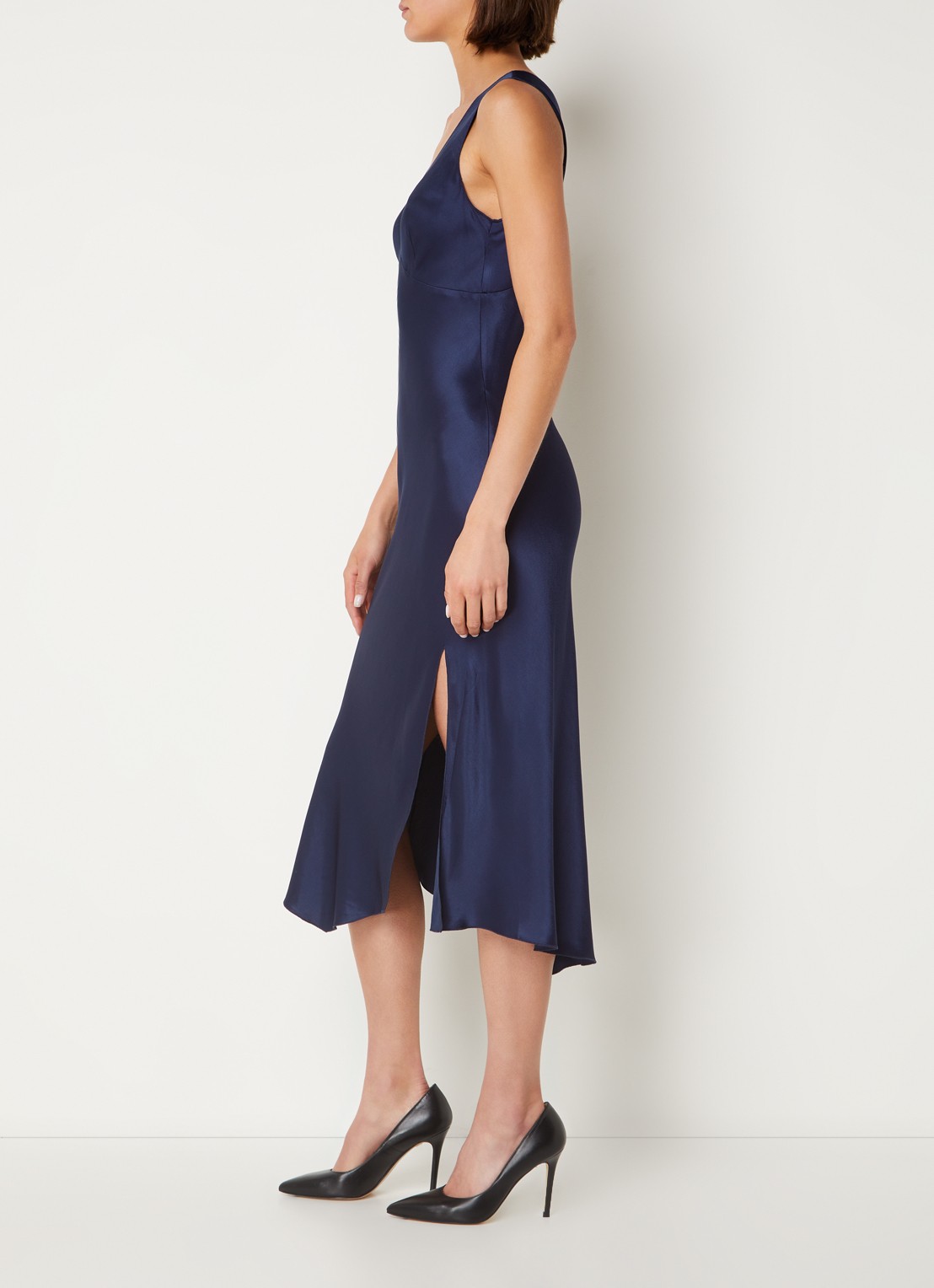 Rails Monique midi jurk van satijn met split - voorkant 2 donkerblauw