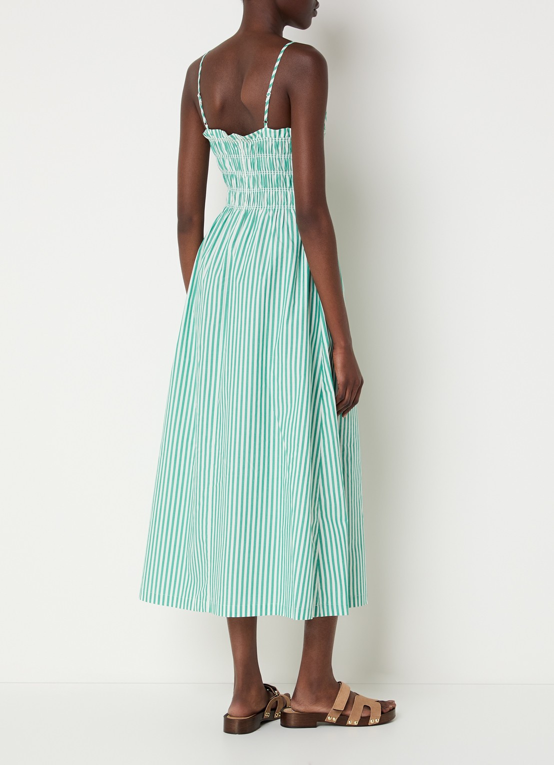 Rails Primrose midi A-lijn jurk met smockwerk en streeprint - achterkant groen