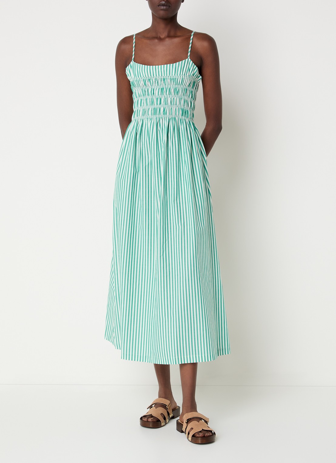 Rails Primrose midi A-lijn jurk met smockwerk en streeprint - detail 4 groen