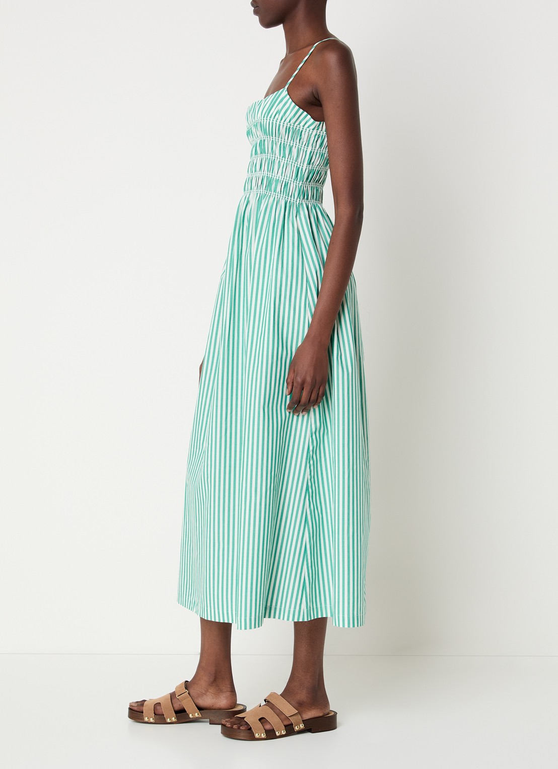 Rails Primrose midi A-lijn jurk met smockwerk en streeprint - voorkant 3 groen