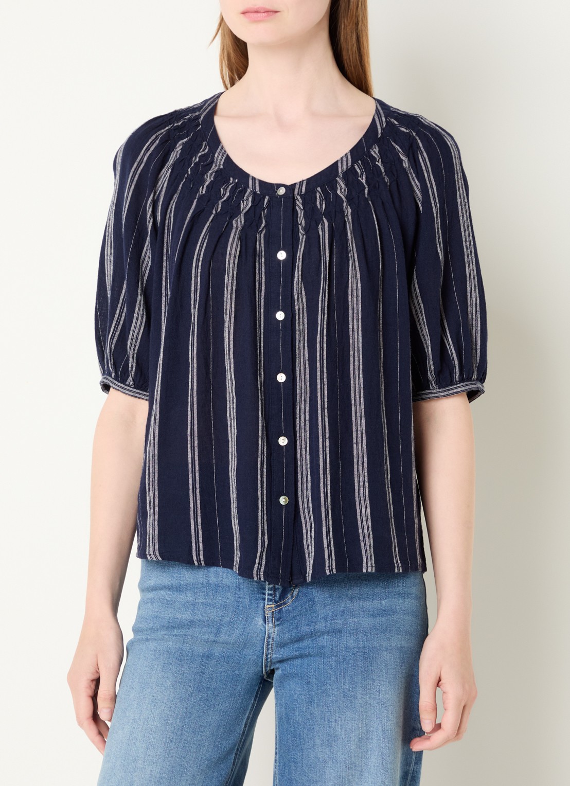 Rails Rix blouse in linnenblend met streepprint - detail 4 donkerblauw