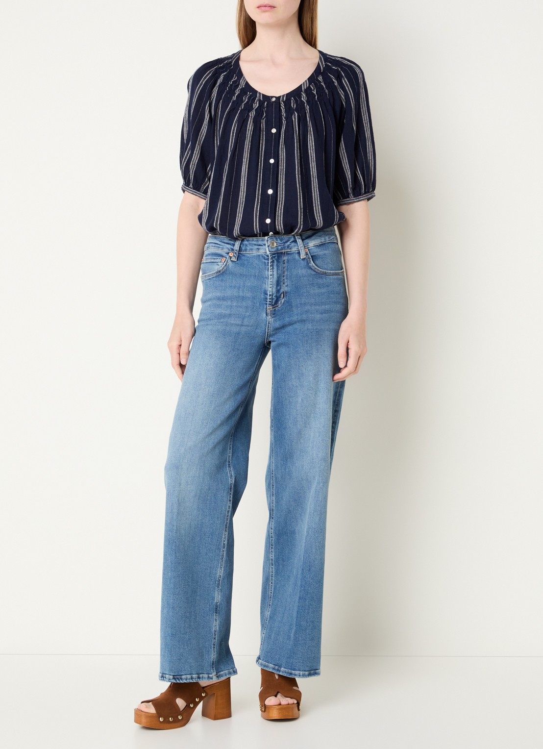 Rails Rix blouse in linnenblend met streepprint - voorkant 2 donkerblauw