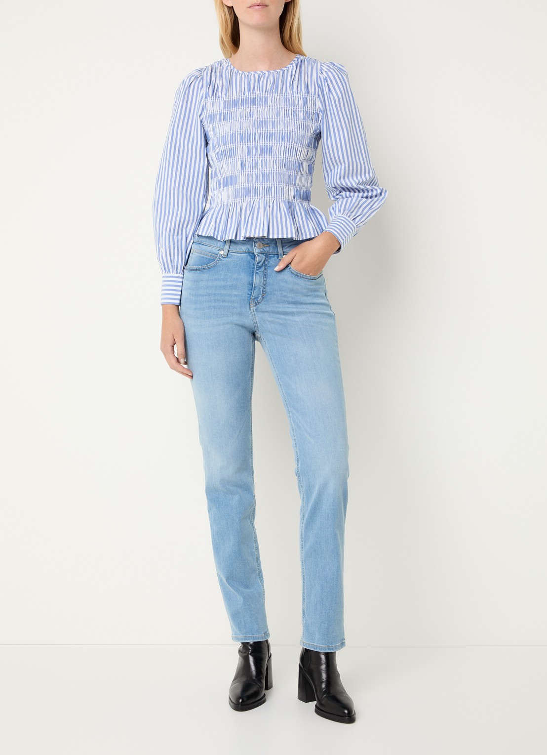 Rails Tabi tuniek met streepprint en smockwerk - voorkant 2 lichtblauw