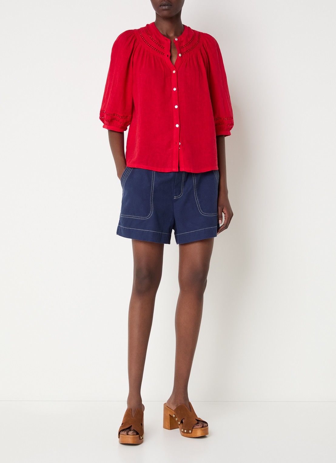 Rails Theia blouse in linnenblend met broderie - voorkant 3 rood