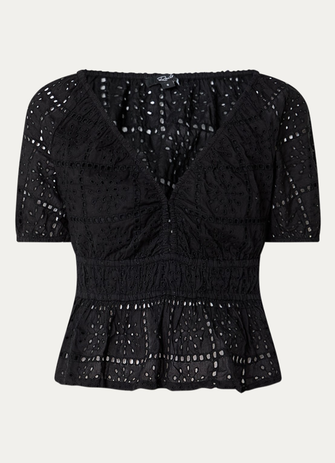 Rails Top met broderie en V-hals - voorkant 2 zwart