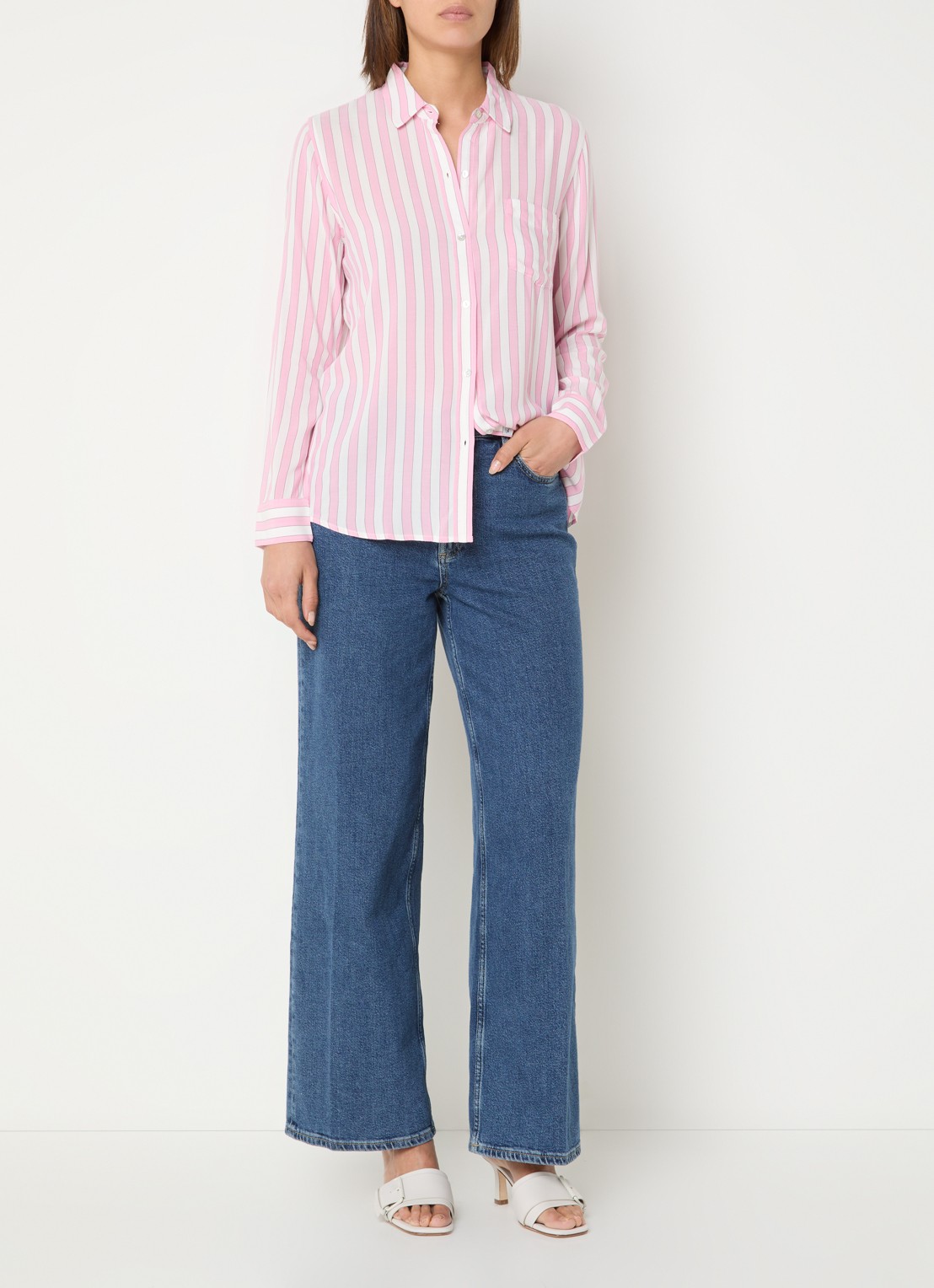 Rails Wren blouse met streepprint en borstzak - voorkant 2 lichtroze
