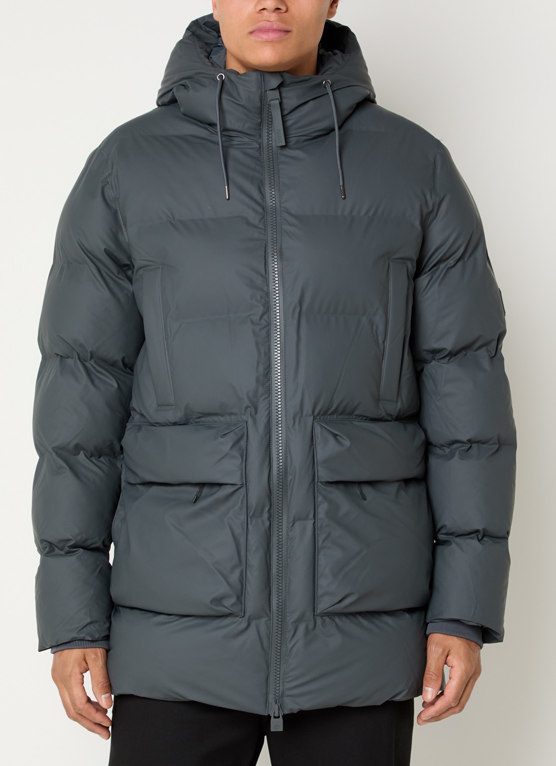 Rains Alta gewatteerde parka met capuchon - detail grijs