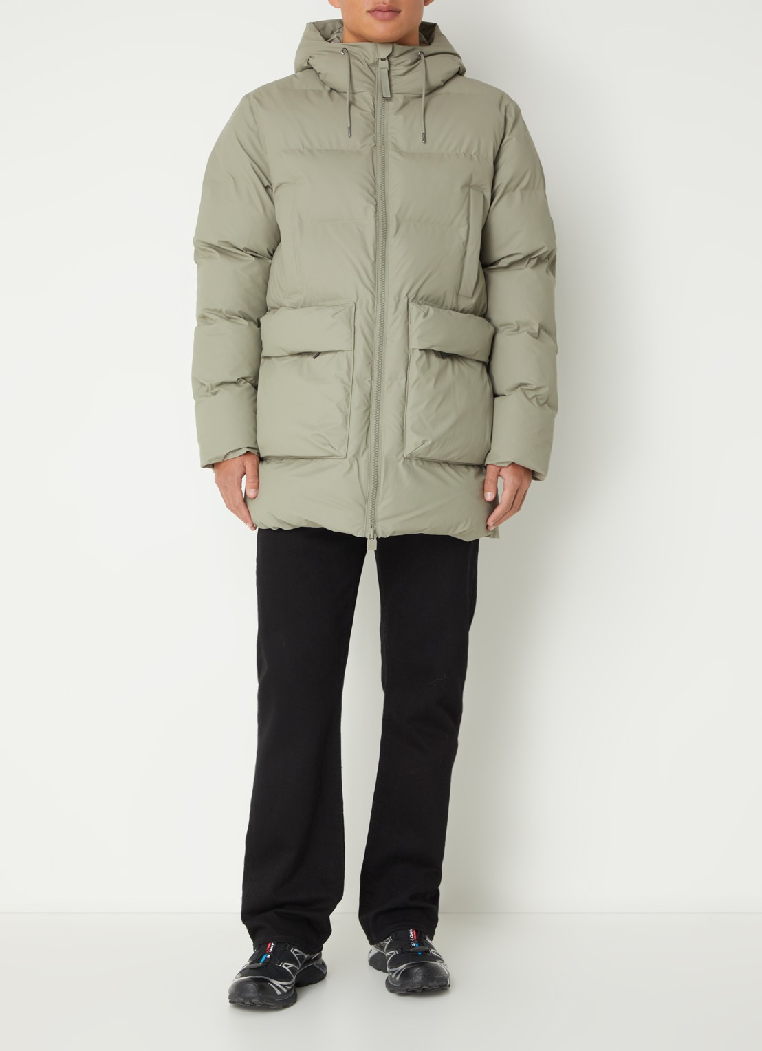 Rains Alta gewatteerde parka met capuchon - voorkant 4 olijfgroen