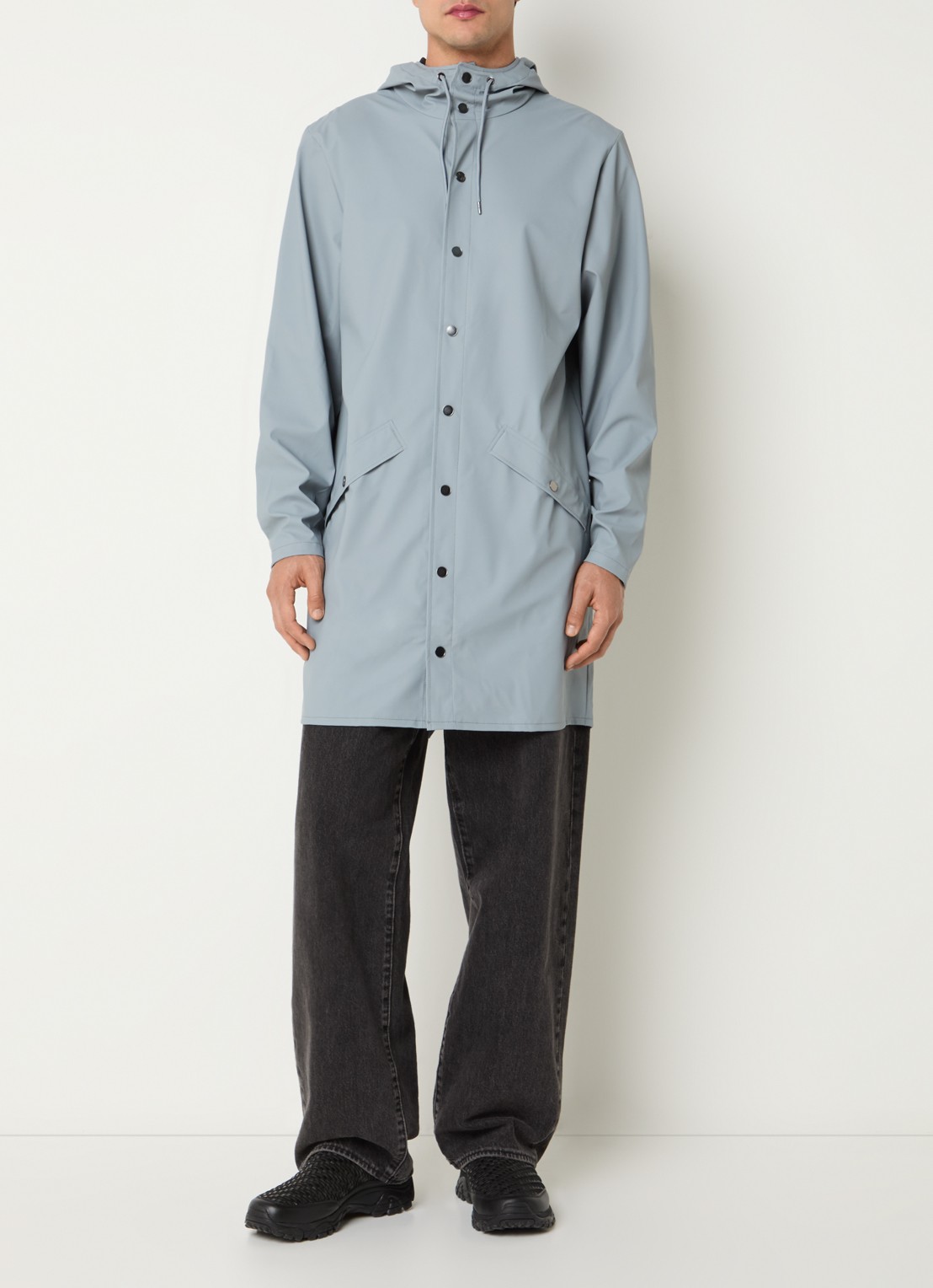 Rains Bold regenjas met capuchon en klepzakken - voorkant 3 blauwgrijs