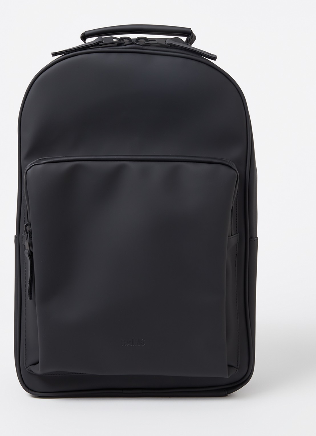 Rains Book Daypack W3 Large rugzak met 16 inch laptopvak en waterafstotende coating   - voorkant zwart