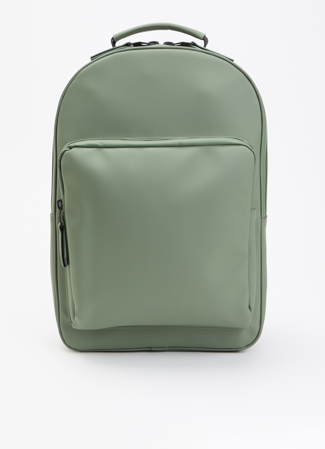 Rains Book Daypack W3 Large rugzak met 16 inch laptopvak en waterafstotende coating   - voorkant olijfgroen