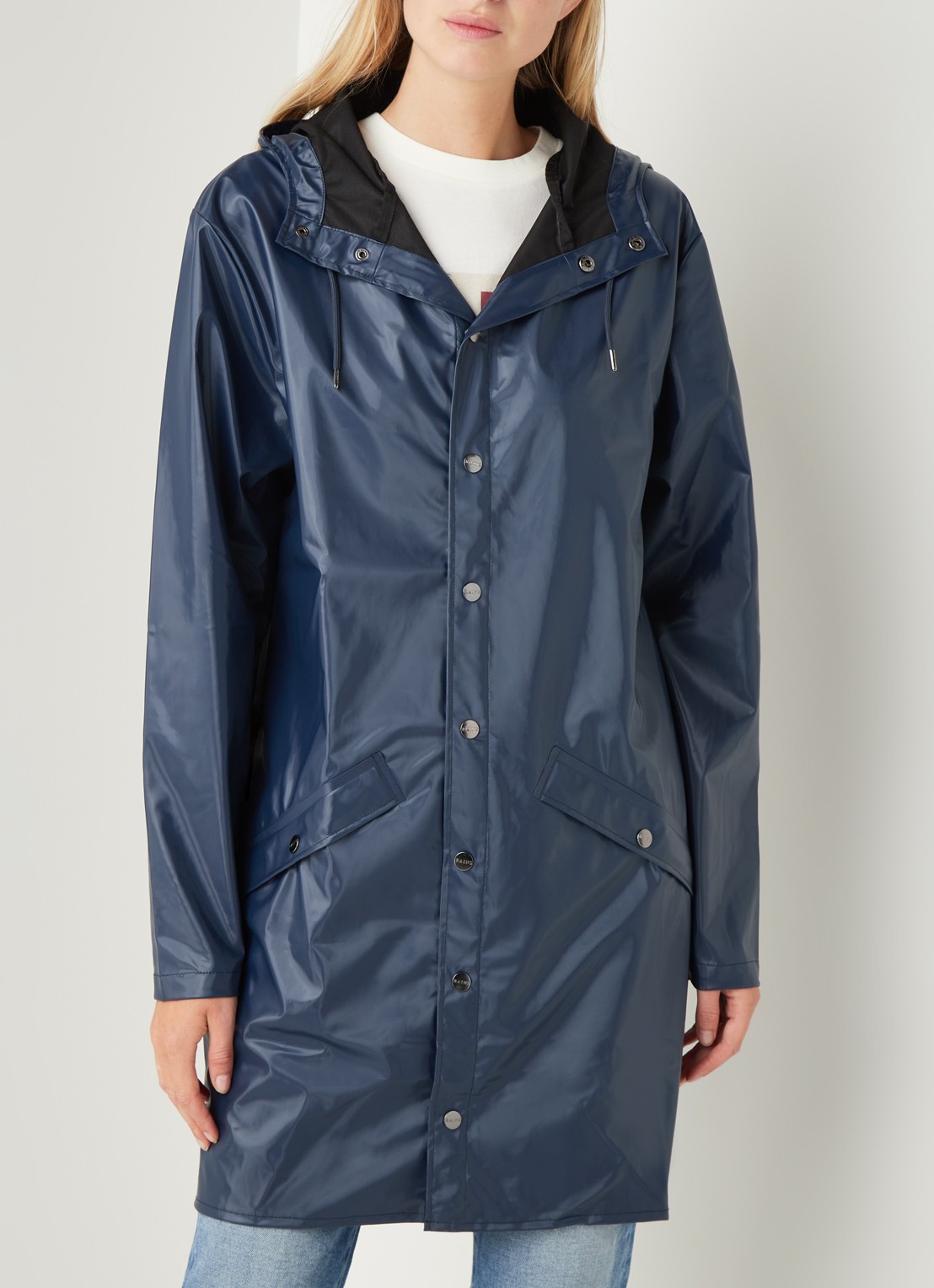 Rains Long Jacket regenjas met capuchon - detail 3 donkerblauw